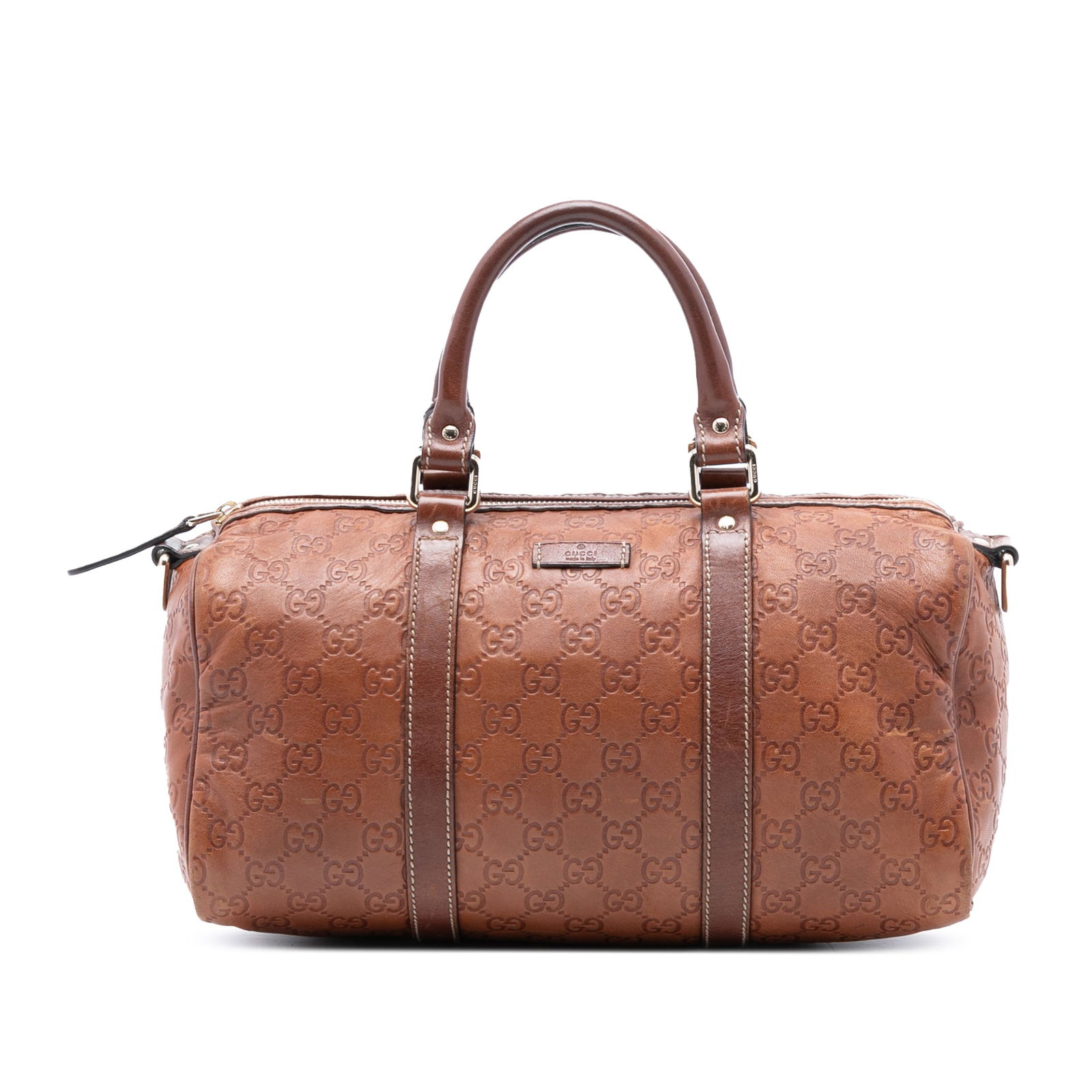 Gucci Guccissima Joy Boston Bag Brown Leather with Embossed Trim: Gucci Guccissima Joy Boston Bag Brown Leather with Embossed Trim The Guccissima Joy Boston Bag combines luxury with practicality, featuring a distinctive embossed leather trim and rolled leather handl