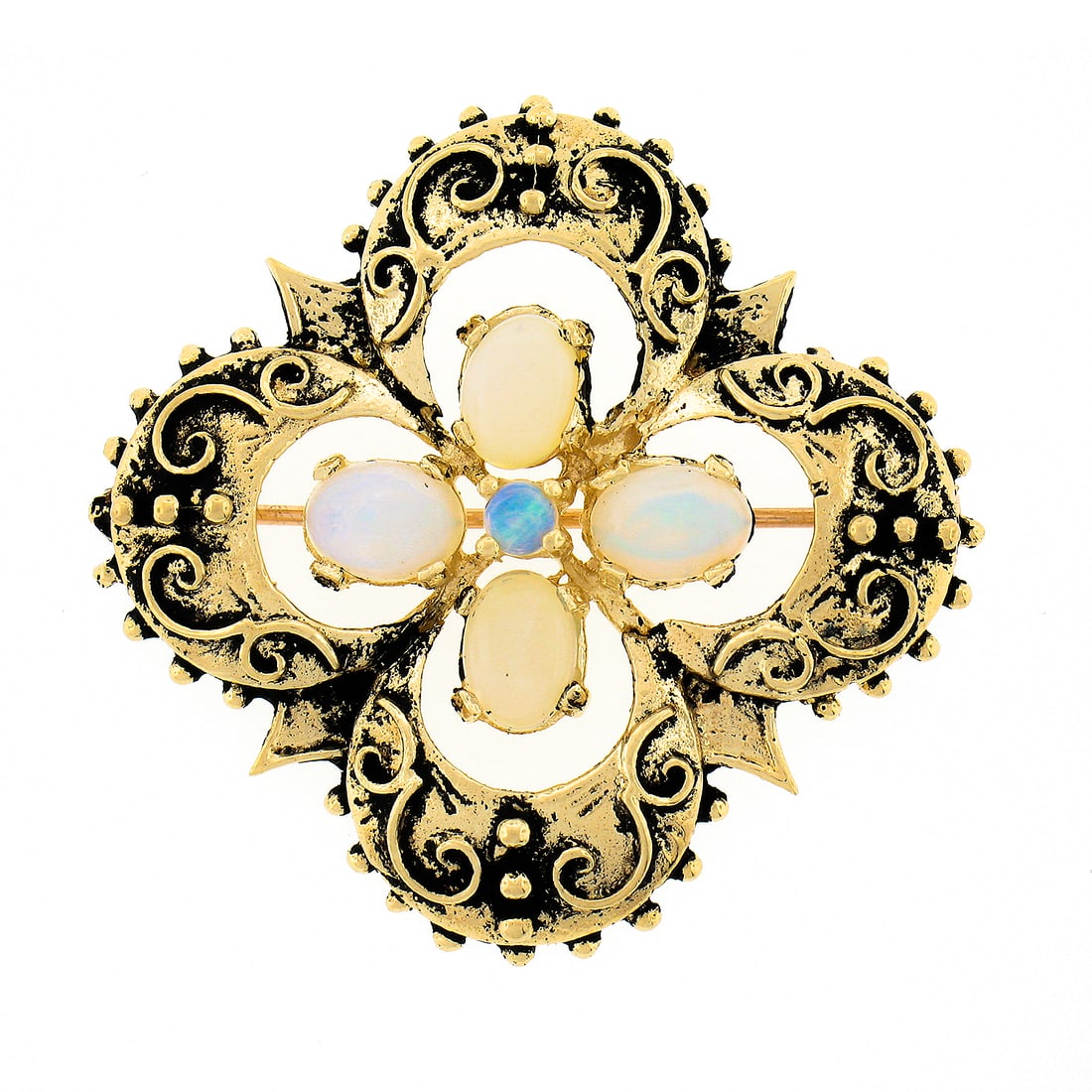 Victorian Revival 14K Gold Opal Quatrefoil Brooch Pin with Bead Work: Victorian Revival 14K Gold Opal Quatrefoil Brooch Pin with Bead Work This exquisite vintage Victorian Revival brooch is crafted from solid 14K yellow gold, showcasing a stunning quatrefoil design. The