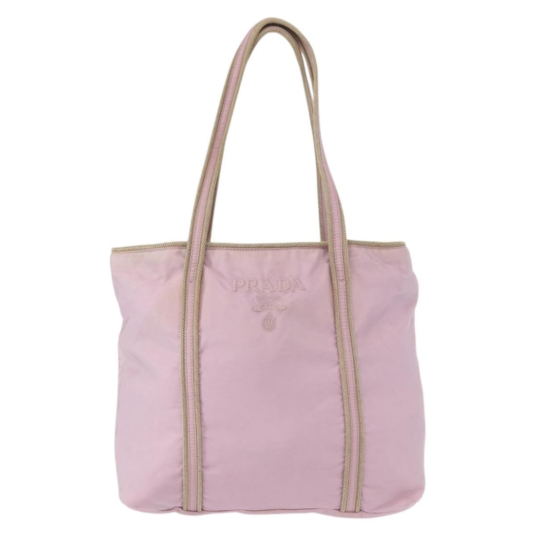 Prada Nylon Pink Vintage Female Tote Bag 27cm by 25cm by 9cm: Prada Nylon Pink Vintage Female Tote Bag 27cm by 25cm by 9cm This Prada Vintage Tote for women features a pink nylon exterior with a structured shape. It shows signs of wear including surface deformat