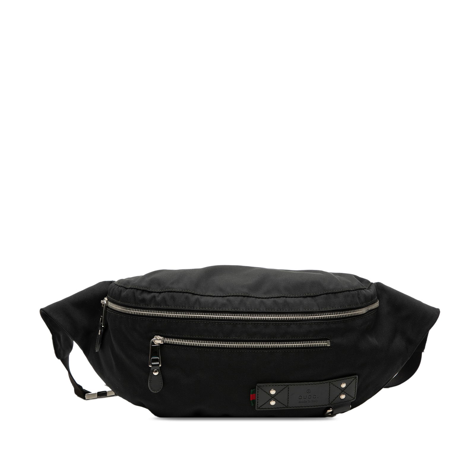 Black Gucci Fabric Waist Pack with Adjustable Strap: Black Gucci Fabric Waist Pack with Adjustable Strap This Gucci belt bag is crafted from durable black nylon and features an adjustable flat strap for comfortable wear. The design includes a top zip cl