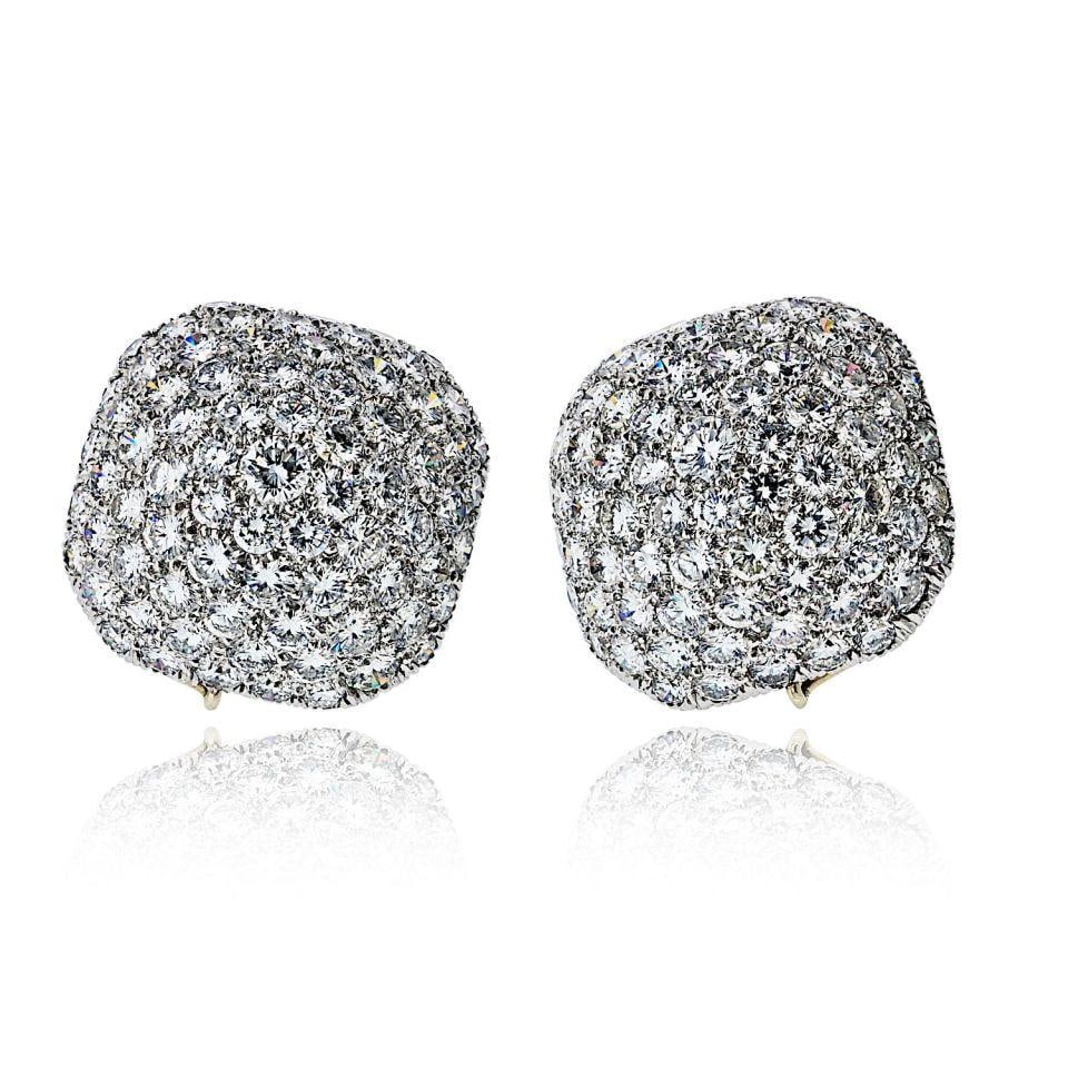 Bombe Style 18K White Gold Diamond Clip Earrings by David Webb: Bombe Style 18K White Gold Diamond Clip Earrings by David Webb These David Webb Bombe earrings are crafted from platinum and 18K white gold, featuring a bold dome design fully pave-set with approximat