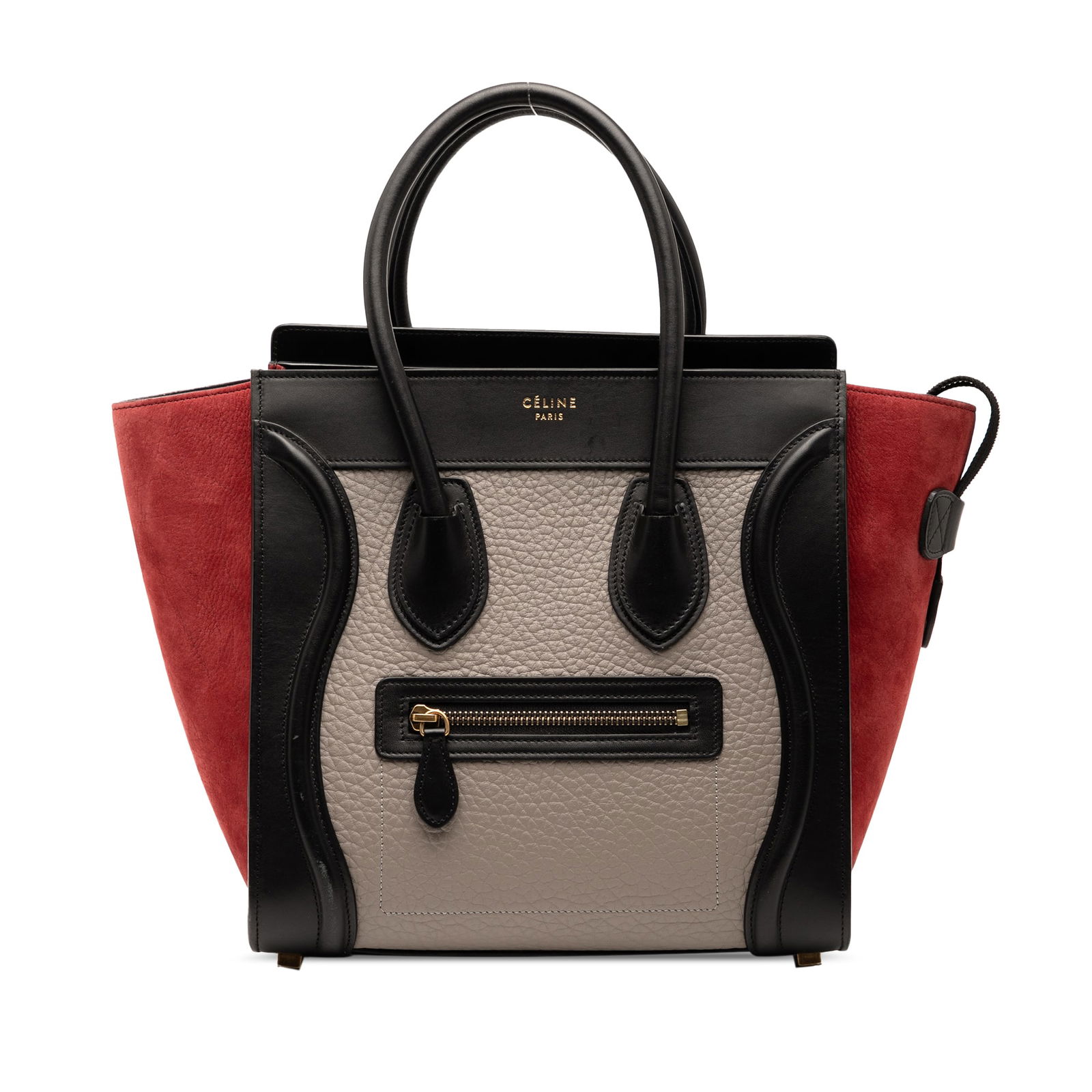Celine Micro Tricolor Leather Tote Bag from Italy: Celine Micro Tricolor Leather Tote Bag from Italy The Celine Micro Tricolor Leather Luggage Tote showcases a refined leather construction with a stylish design. It features rolled leather handles, a s
