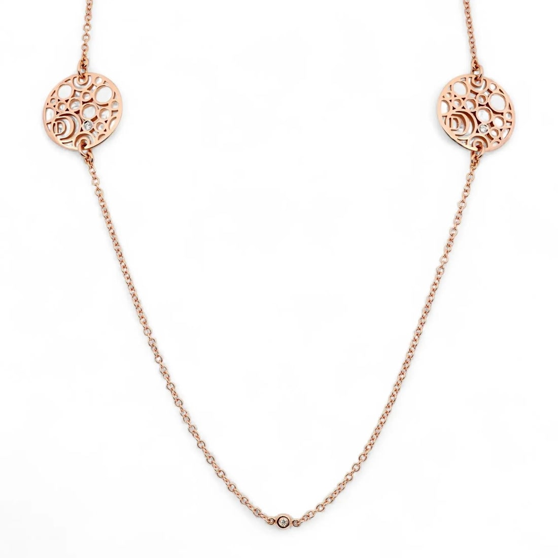 Damiani Damianissima 18K Rose Gold Diamond Long Necklace 32in: Damiani Damianissima 18K Rose Gold Diamond Long Necklace 32in Introducing the Damiani Damianissima Round Diamond Long Chain Necklace, a stunning piece of jewelry that embodies elegance and sophisticat