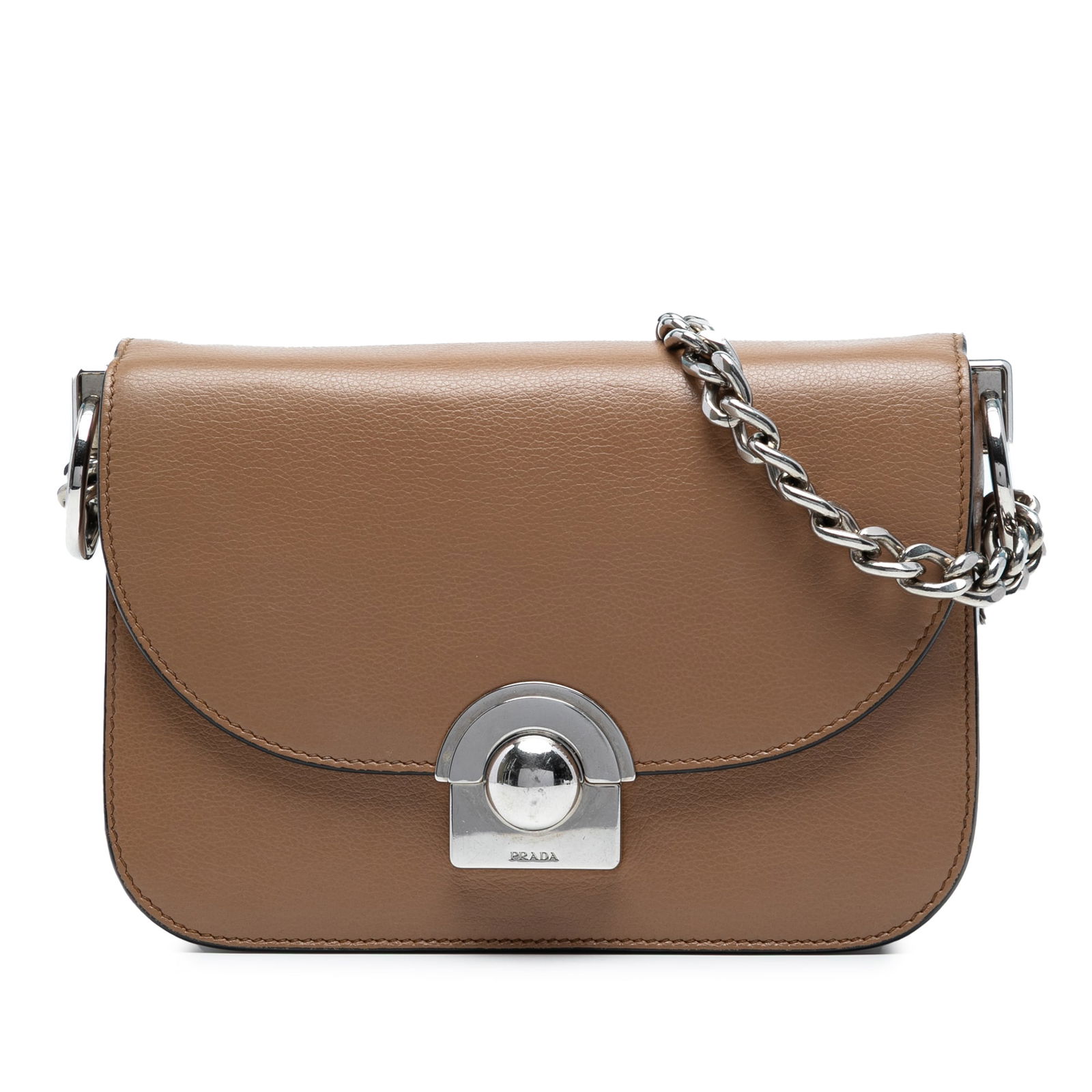 Prada Glace Calf Arcade Brown Leather Crossbody Bag with Chain Strap: Prada Glace Calf Arcade Brown Leather Crossbody Bag with Chain Strap This Prada Glace Calf Arcade Crossbody features a brown leather body, a chain link strap with a leather guard, and a front flap wit
