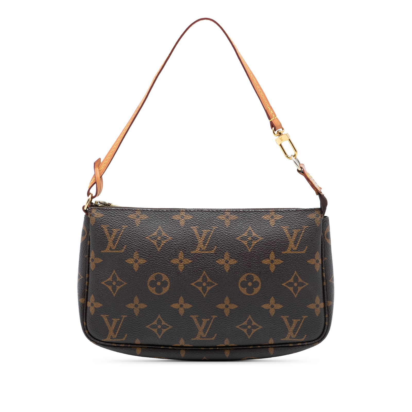 Monogram Canvas Pochette Accessoires Bag by Louis Vuitton with Leather Handle: Monogram Canvas Pochette Accessoires Bag by Louis Vuitton with Leather Handle This Louis Vuitton Monogram Pochette Accessoires features a brown monogram canvas body with a flat vachetta leather handle