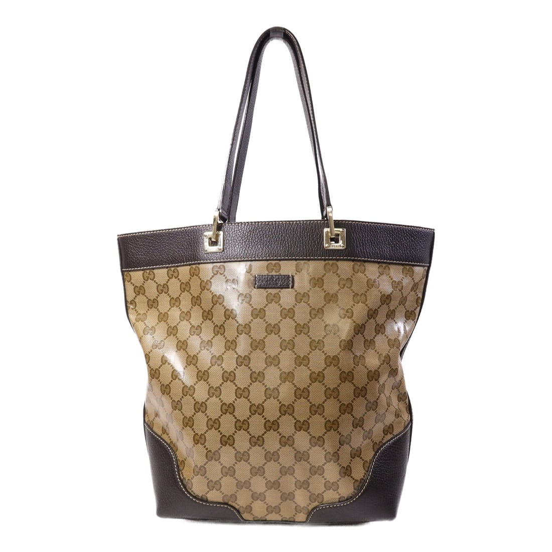 Brown GG Monogram Tote by Gucci 272377 Coated Canvas Gold Tone Hardware: Brown GG Monogram Tote by Gucci 272377 Coated Canvas Gold Tone Hardware This Gucci GG tote bag features a brown PVC coated canvas exterior and is designed in a classic tote style. The bag is made in I
