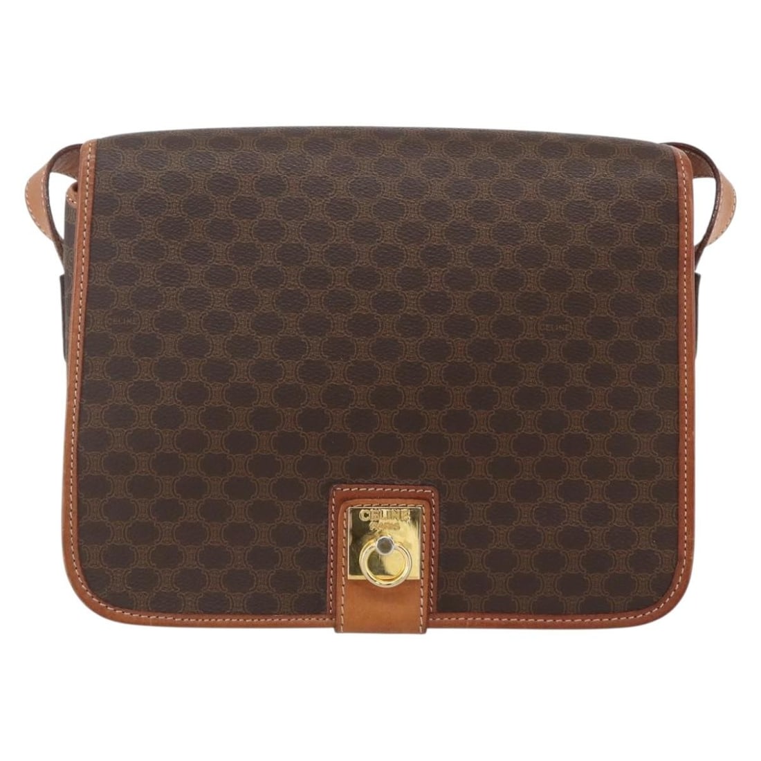 Vintage Macadam Canvas and Leather Shoulder Bag by Celine: Vintage Macadam Canvas and Leather Shoulder Bag by Celine This vintage Celine Macadam shoulder bag combines durable brown canvas with leather accents, designed for women. Featuring a compact silhouett