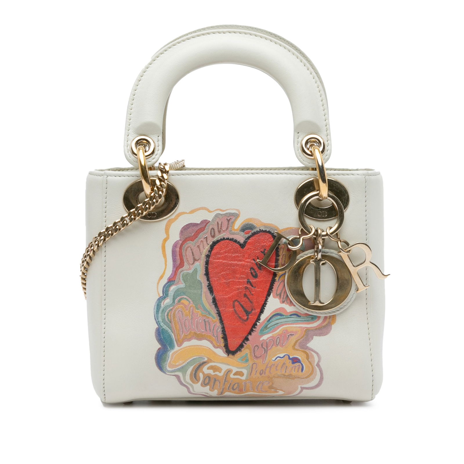 DiorAmour Niki De Saint Phalle Mini Leather Satchel White: DiorAmour Niki De Saint Phalle Mini Leather Satchel White This exquisite Niki De Saint Phalle Mini Calfskin Dioramour Lady Dior satchel is crafted from premium leather, showcasing a unique design with