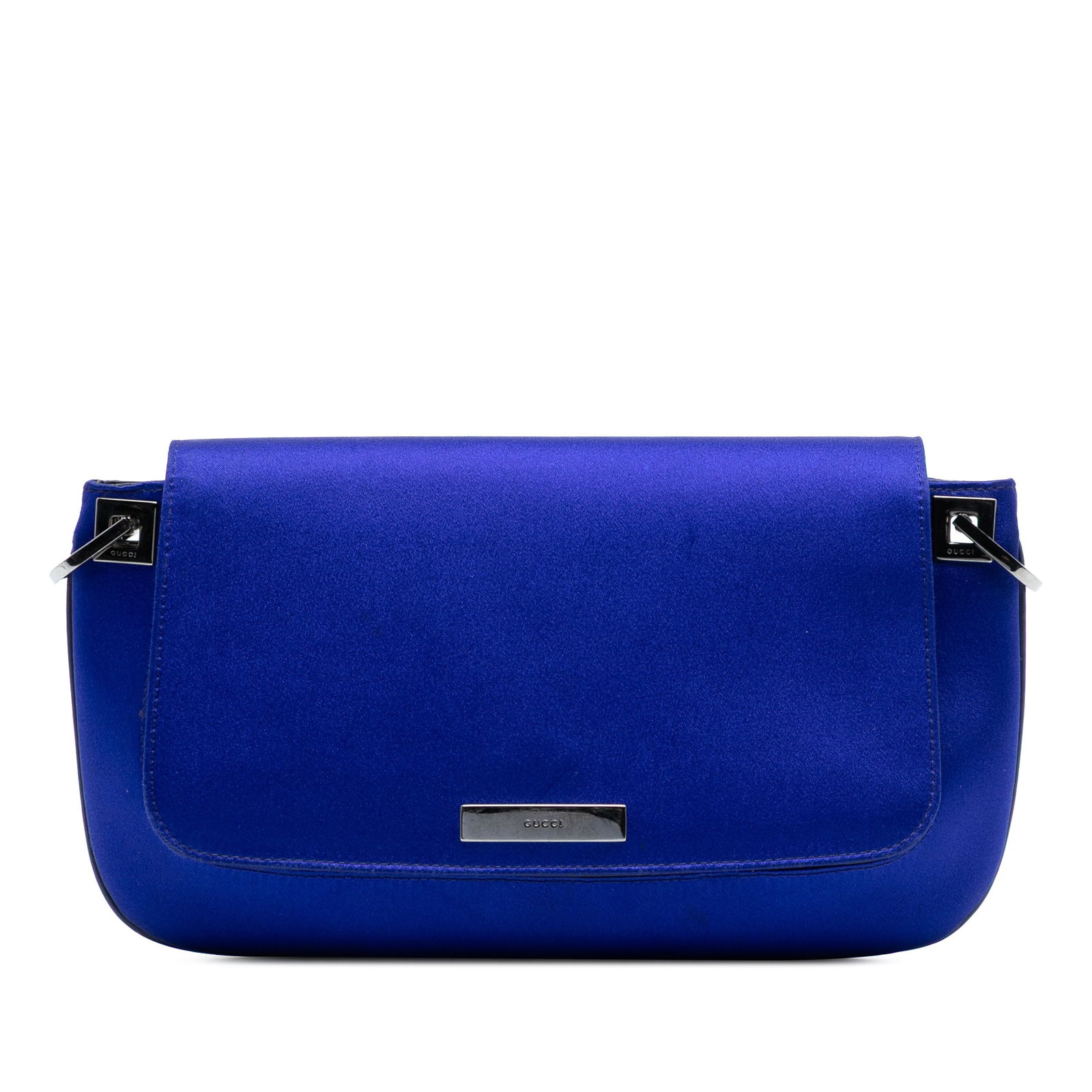 Blue Gucci Satin Shoulder Bag with Chain Strap: Blue Gucci Satin Shoulder Bag with Chain Strap This Gucci Satin Chain Bag features a blue satin fabric body with a front flap and snap closure, complemented by a chain shoulder strap. The interior inc