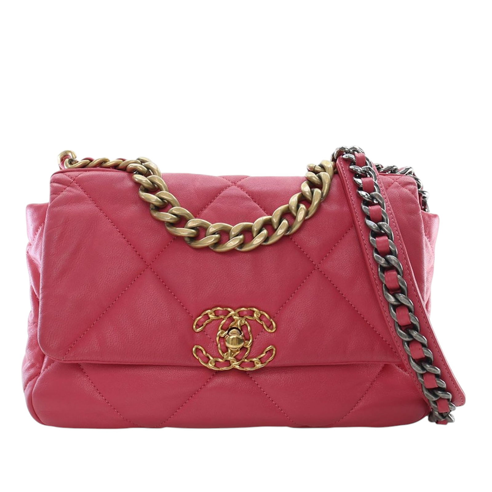 Chanel 19 Medium Pink Quilted Lambskin Flap Bag with Chain Handle: Chanel 19 Medium Pink Quilted Lambskin Flap Bag with Chain Handle This Chanel Medium Lambskin 19 Flap bag features a quilted lambskin leather body in pink, complemented by a chain handle and a leather
