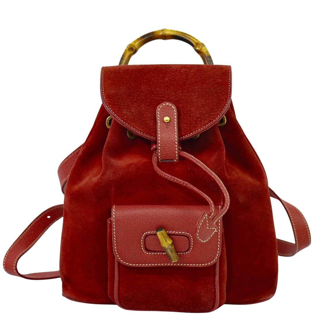 Gucci Bamboo Red Suede Backpack with Bamboo Handle: Gucci Bamboo Red Suede Backpack with Bamboo Handle This Gucci bamboo backpack is crafted from red suede and designed for women. It features bamboo details and has a compact size, making it both stylis