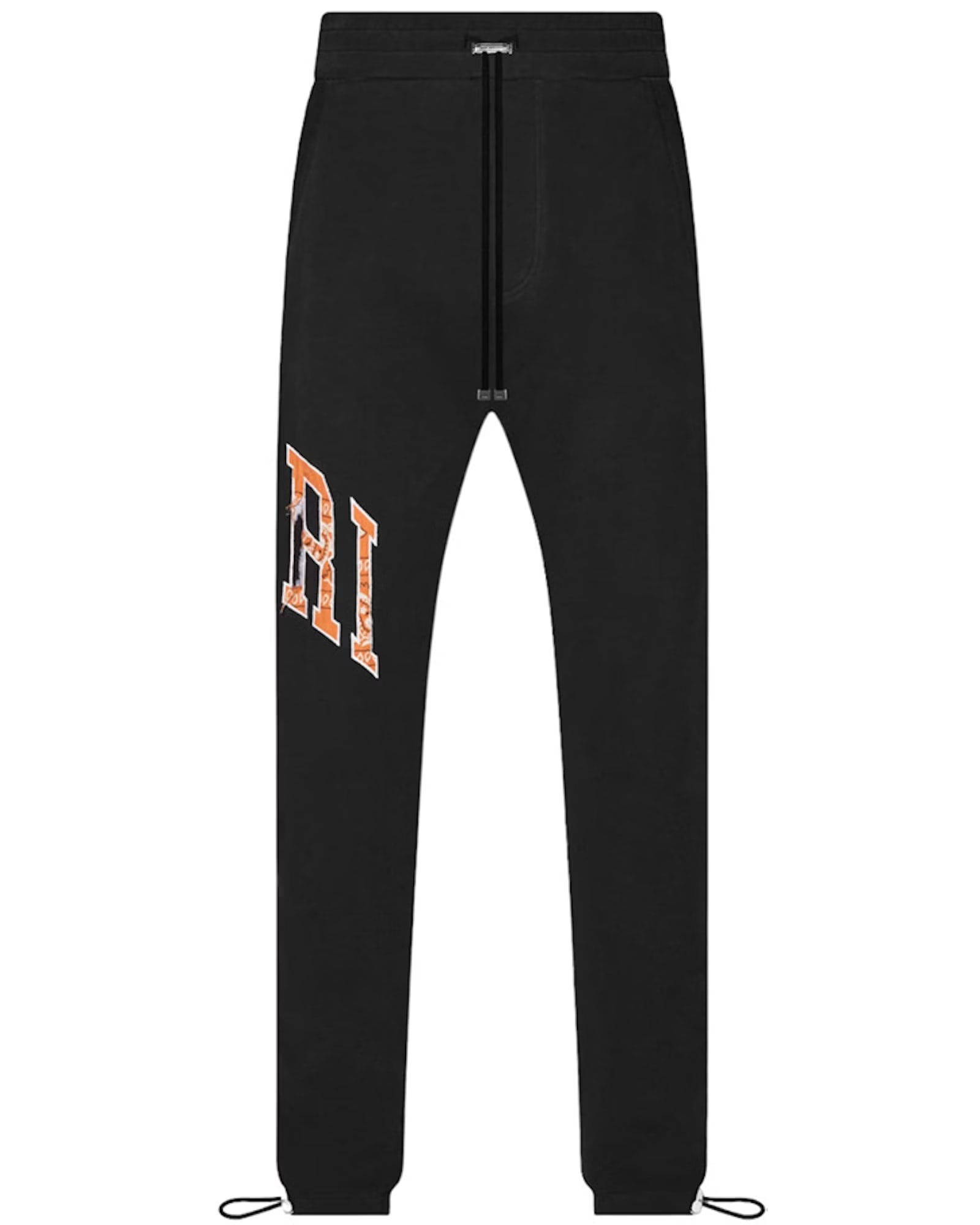 Orange and Black Sweatpants with Bandana Applique by Amiri Size XXXL: Orange and Black Sweatpants with Bandana Applique by Amiri Size XXXL These sweatpants feature an orange and black color scheme with bandana applique detailing. Designed for a relaxed fit, they are ava