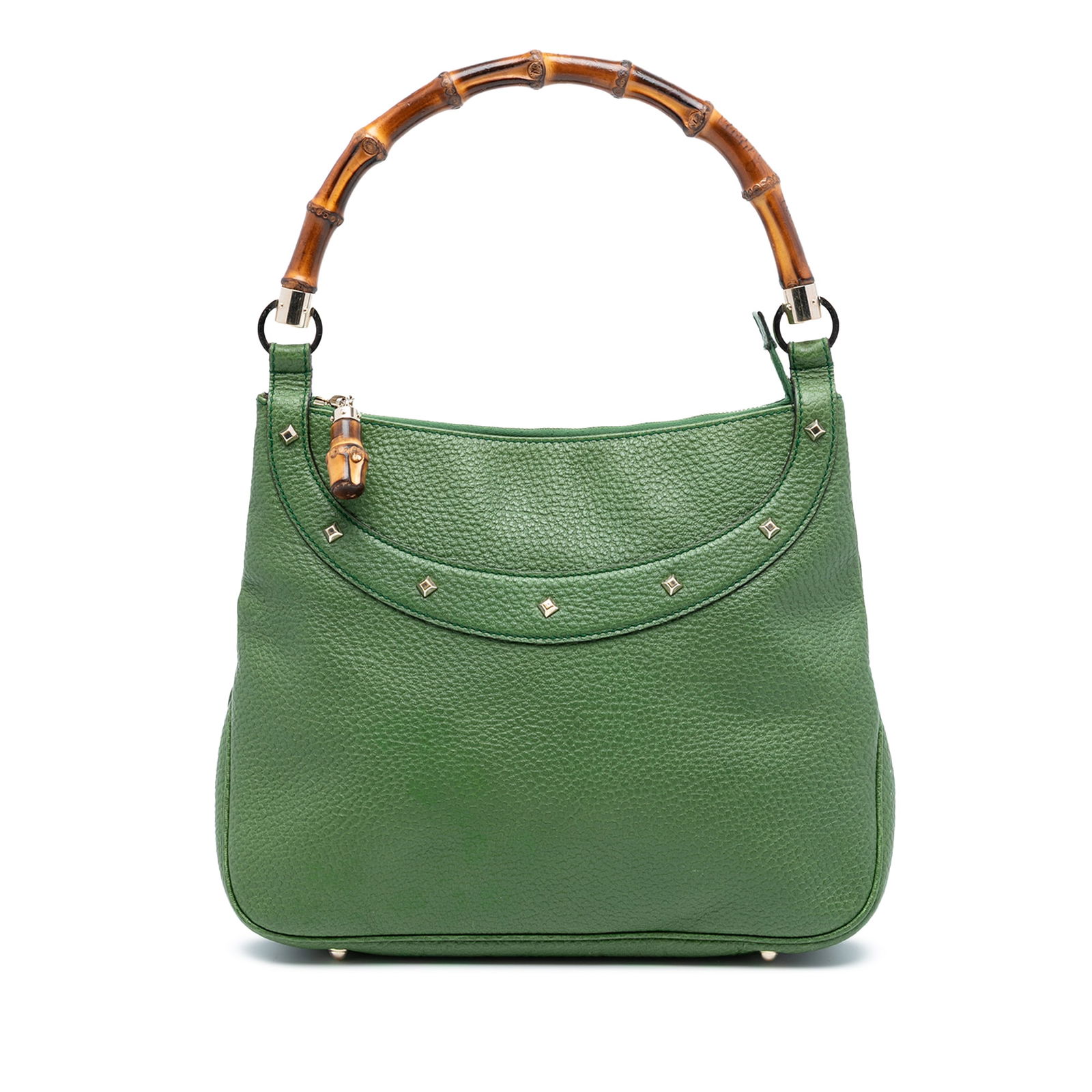 Green Leather Anita Tote with Bamboo Handle by Gucci: Green Leather Anita Tote with Bamboo Handle by Gucci This Gucci Anita handbag features a leather body with a bamboo top handle and a bamboo zipper pull. The bag includes interior zip and slip pockets.