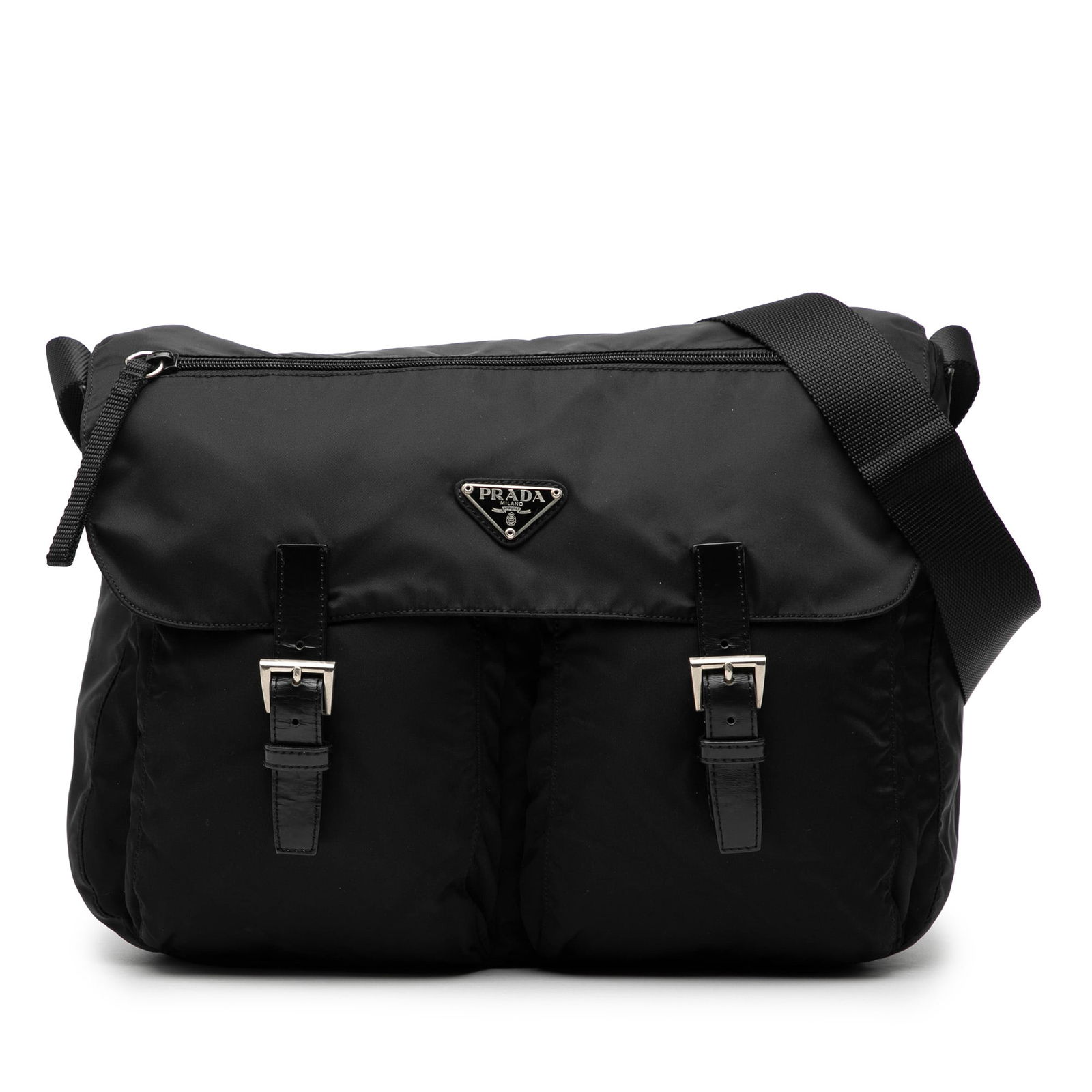 Black Prada Tessuto Messenger Bag with Double Buckle and Zip Closure (1 of 6)