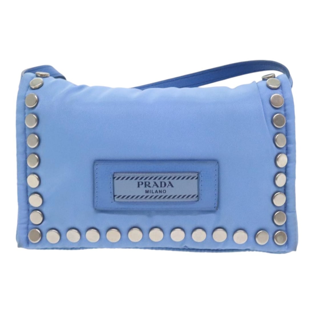 Blue Nylon Prada Etiquette Studded Flap Shoulder Bag: Blue Nylon Prada Etiquette Studded Flap Shoulder Bag This Prada Etiquette Flap Bag features a studded design crafted from blue nylon. The bag offers a flap closure and includes a shoulder strap. It is