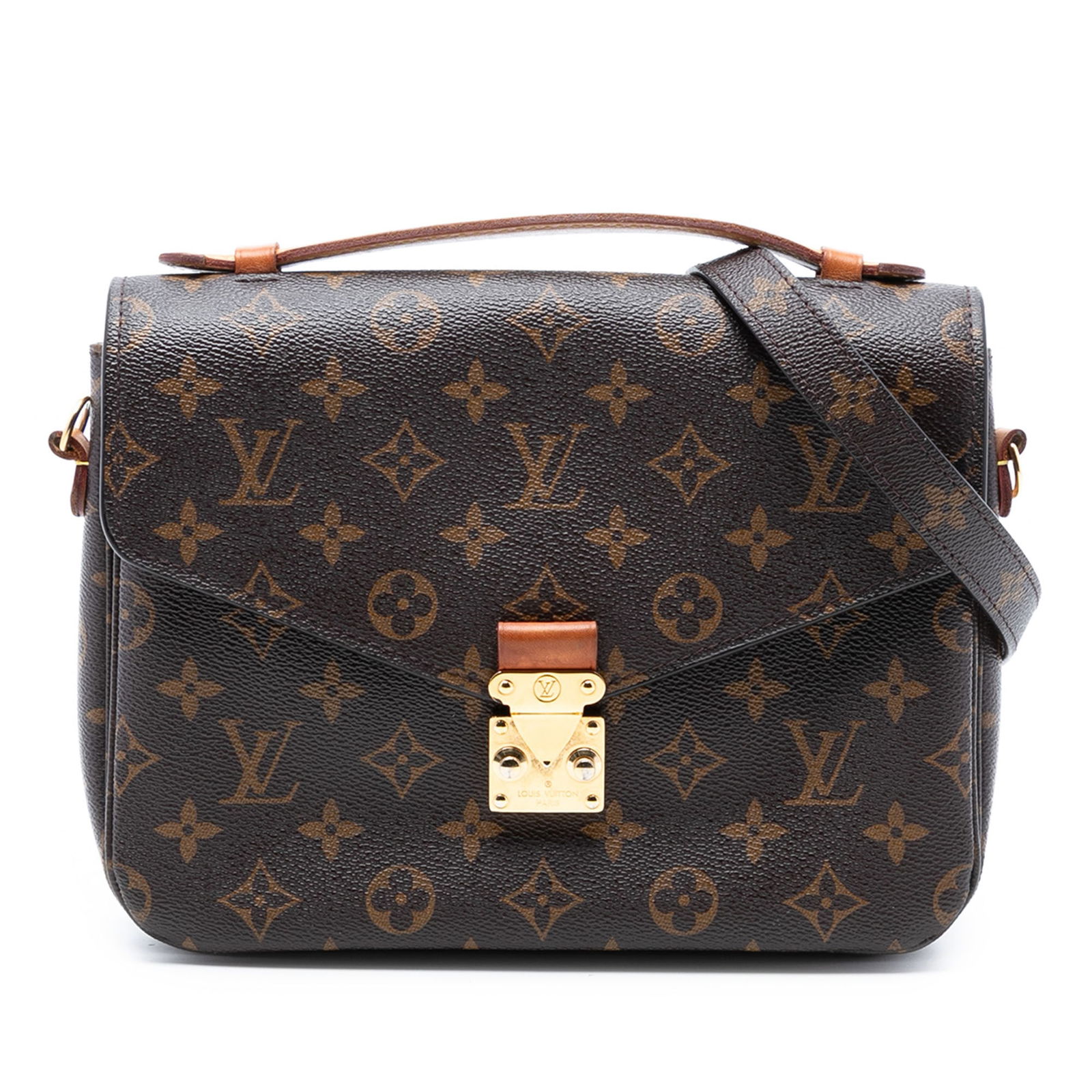 Brown Monogram Canvas Pochette Metis Shoulder Bag by Louis Vuitton: Brown Monogram Canvas Pochette Metis Shoulder Bag by Louis Vuitton The Louis Vuitton Monogram Pochette Metis features a monogram canvas body with a flat vachetta leather top handle, a detachable flat