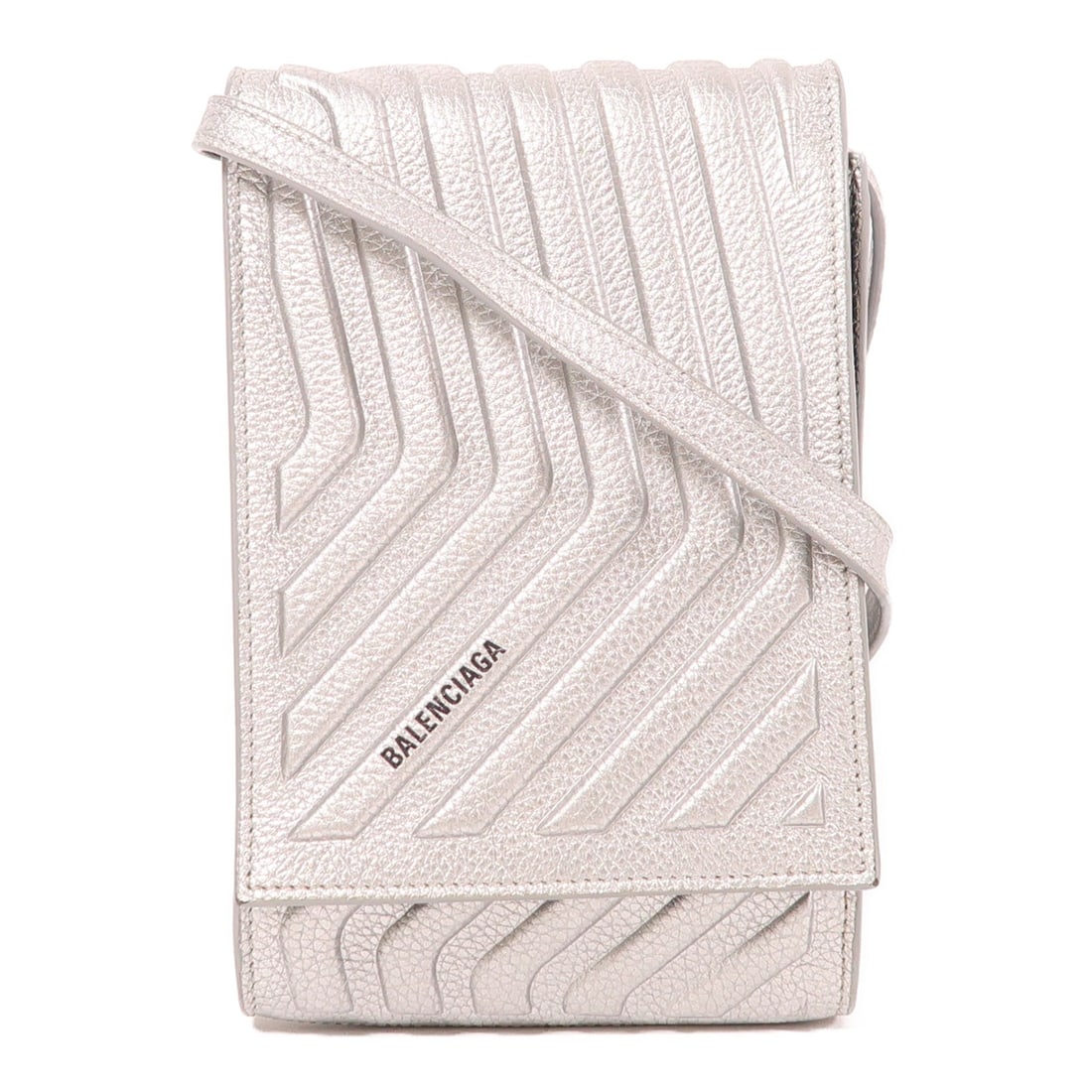 BALENCIAGA Silver Leather Car Phone Holder Shoulder Bag SHW: BALENCIAGA Silver Leather Car Phone Holder Shoulder Bag SHW This elegant BALENCIAGA shoulder bag is crafted from premium leather in a stunning silver hue. Designed for both style and functionality, it