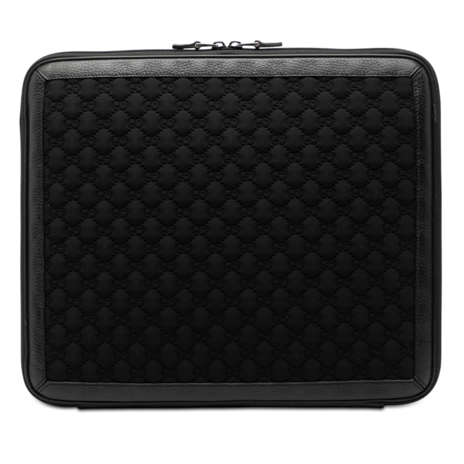 Black Leather Guccissima Embossed Laptop Case by Gucci: Black Leather Guccissima Embossed Laptop Case by Gucci This Guccissima laptop case features an embossed leather body in black with a top zip closure. Made in Italy, it is designed to carry and protect