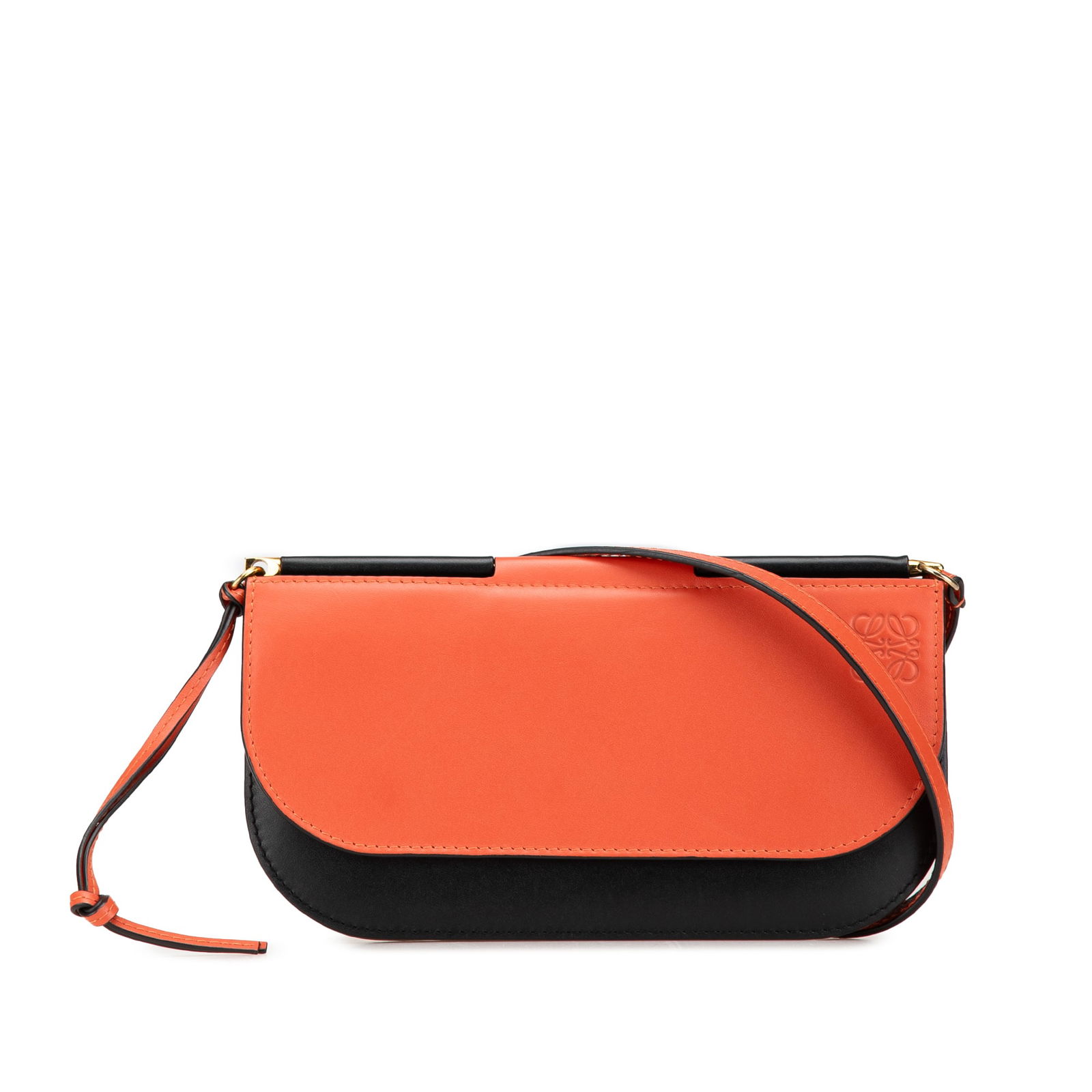 LOEWE Bicolor Leather Gate Pochette Crossbody Bag in Orange: LOEWE Bicolor Leather Gate Pochette Crossbody Bag in Orange Introducing the LOEWE Bicolor Leather Gate Pochette Crossbody, a stylish and functional accessory crafted from high-quality leather. This el