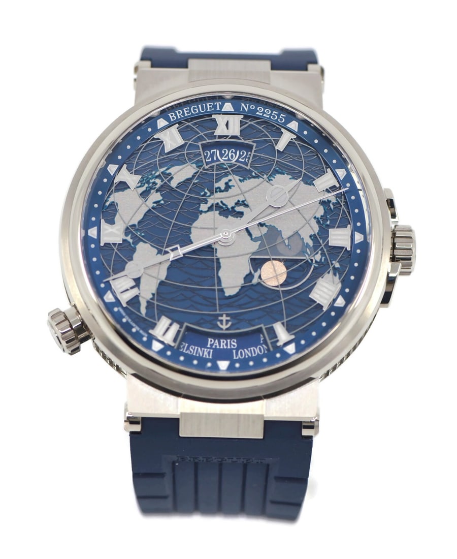 Breguet Marine Hora Mundi 18K White Gold Automatic Watch 5557BB with Box and Papers: Breguet Marine Hora Mundi 18K White Gold Automatic Watch 5557BB with Box and Papers Experience the elegance of the Breguet Marine Hora Mundi wristwatch, crafted from exquisite 18K white gold. This pre