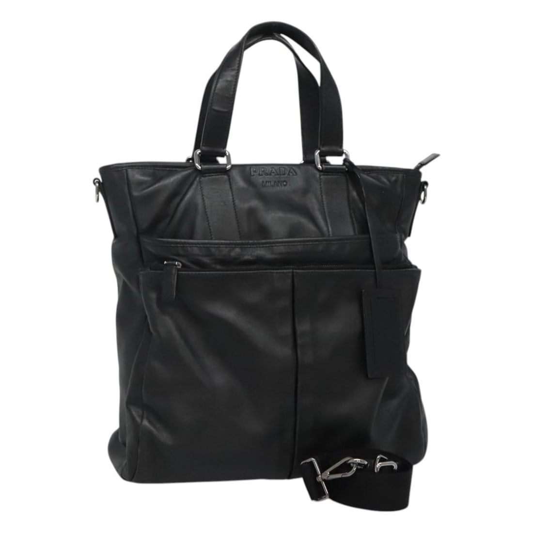 Black Leather Prada Vintage Handbag with Zip Closure: Black Leather Prada Vintage Handbag with Zip Closure This Prada Vintage Zip Handbag is crafted from black leather and designed for women. The bag features a classic zip closure and is made in Italy. I