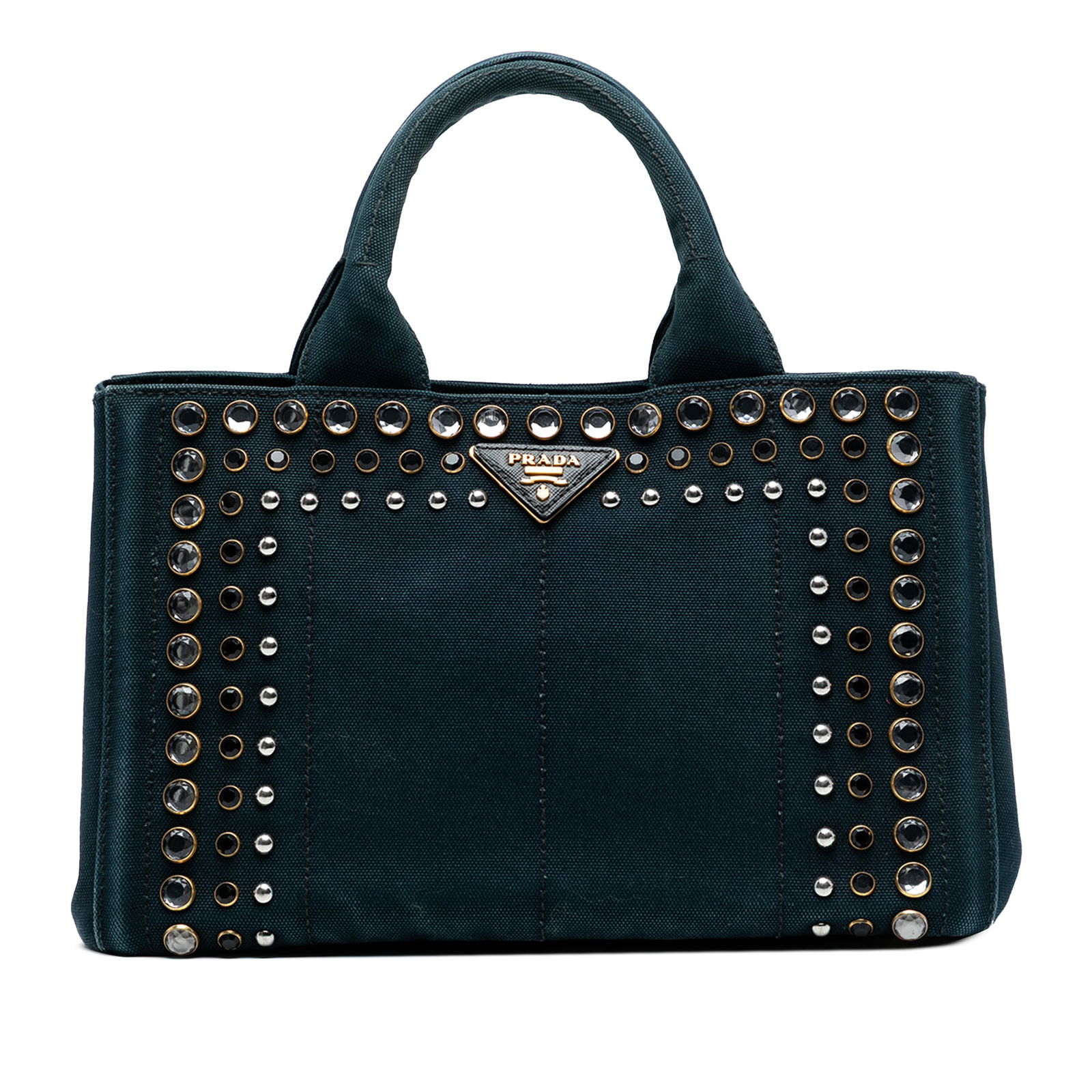 Prada Small Bijoux Satchel Blue Canvas with Studs: Prada Small Bijoux Satchel Blue Canvas with Studs This Prada Small Canvas Canapa Bijoux Satchel showcases a stylish studded canvas body in a vibrant blue hue. The bag features rolled top handles and a