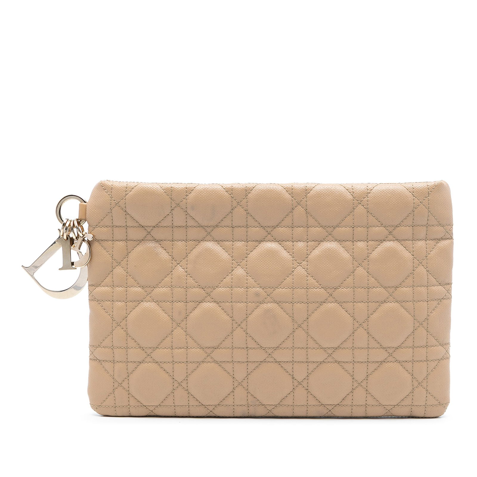 Dior Panarea Lady Dior Cannage Brown Quilted Coated Canvas Clutch Bag: Dior Panarea Lady Dior Cannage Brown Quilted Coated Canvas Clutch Bag This Dior Lady Dior Panarea clutch features a quilted coated canvas body in brown, a top zip closure, and an interior slip pocket.