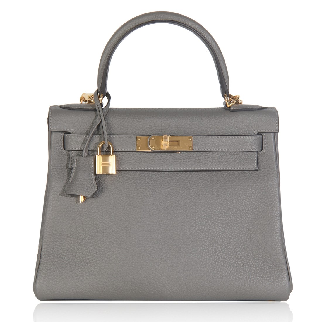 Hermes Retourne Kelly 28 Gray Leather Handbag with Gold-Tone Hardware: Hermes Retourne Kelly 28 Gray Leather Handbag with Gold-Tone Hardware This exquisite Hermes Etain Clemence Retourne Kelly 28 handbag is a stunning accessory for any occasion. Crafted in France from hi