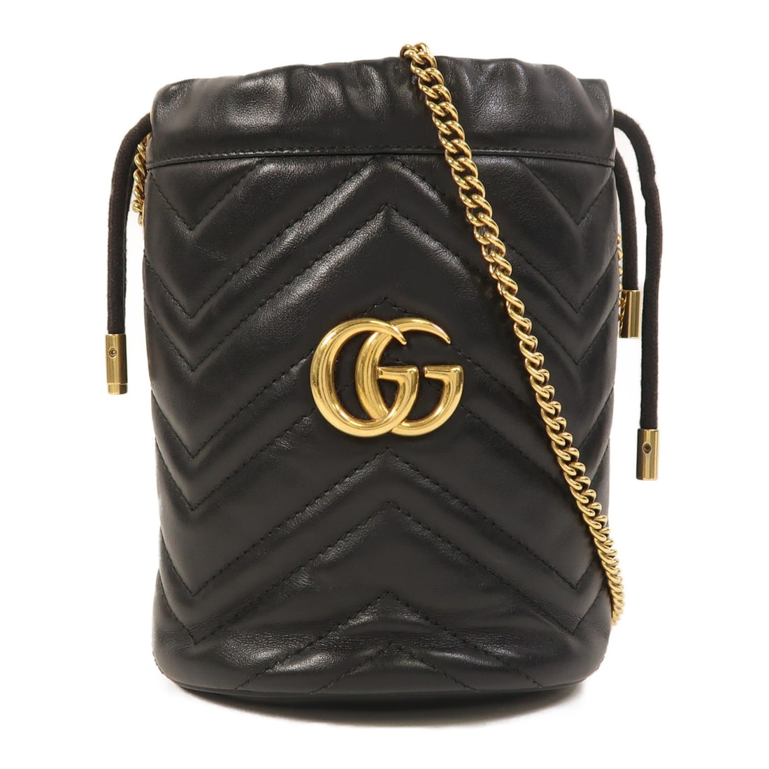 Gucci GG Marmont Mini Black Calfskin Bucket Shoulder Bag with Chain: Gucci GG Marmont Mini Black Calfskin Bucket Shoulder Bag with Chain This is a Gucci GG Marmont Mini Bucket Chain Shoulder Bag crafted from black calfskin leather. The bag features a bucket silhouette