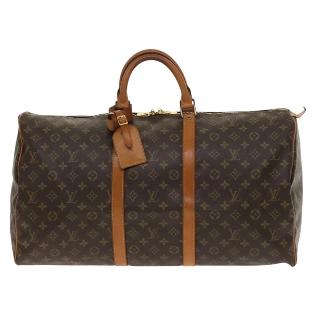 Keepall 55 Brown Monogram Canvas Travel Bag by Louis Vuitton: Keepall 55 Brown Monogram Canvas Travel Bag by Louis Vuitton Louis Vuitton Keepall Bag in brown monogram canvas designed for unisex use. The bag features a spacious design with visible signs of wear i