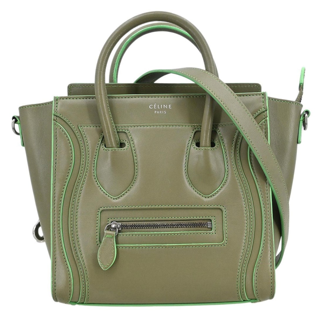 CELINE Green Leather Nano Luggage Tote Bag U-GA-0117 Italy: CELINE Green Leather Nano Luggage Tote Bag U-GA-0117 Italy Introducing the Celine Nano Luggage Tote Bag, a stylish and versatile accessory perfect for casual occasions. This mini tote features a rich