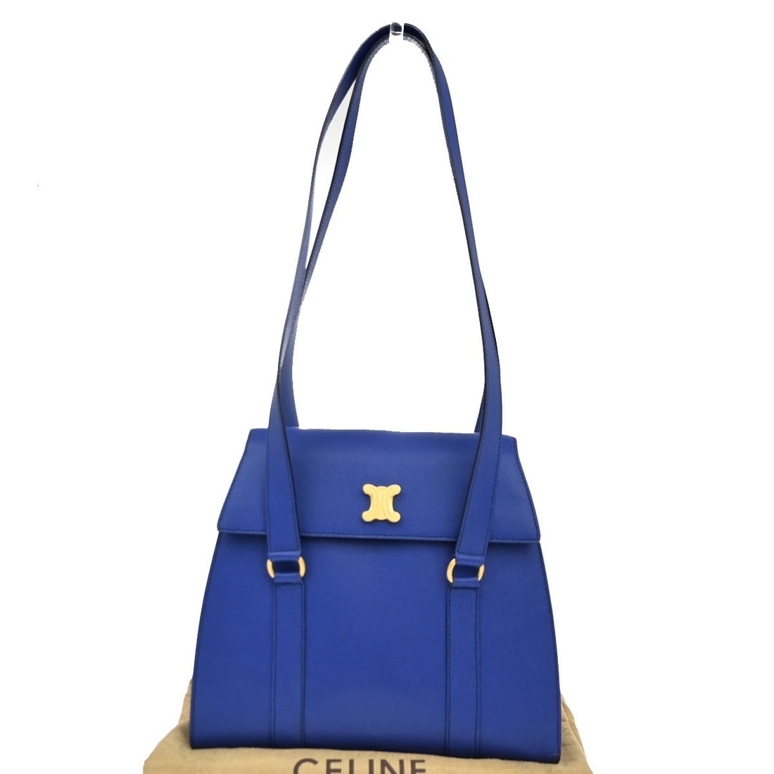 Celine Blue Leather Vintage Triomphe Shoulder Bag for Women: Celine Blue Leather Vintage Triomphe Shoulder Bag for Women This Celine Vintage Triomphe shoulder bag is crafted from blue leather and designed for women. Made in Italy, it features a classic silhouet
