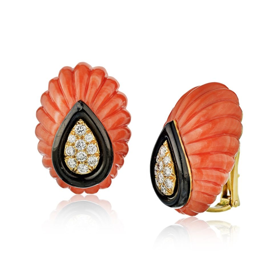 David Webb Vintage Coral Diamond Enamel Clip-On Earrings 1970s: David Webb Vintage Coral Diamond Enamel Clip-On Earrings 1970s Discover an exquisite pair of vintage David Webb clip-on earrings that capture the essence of 1970s luxury. Crafted from a combination of