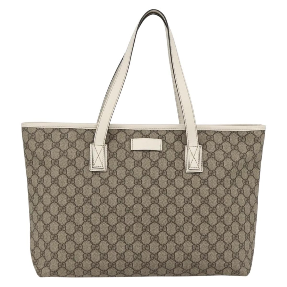 Gucci Plus Beige Coated Canvas Tote with Leather Trim: Gucci Plus Beige Coated Canvas Tote with Leather Trim This Gucci Plus Tote for women features a beige GG coated canvas body with leather details. The bag measures 36cm x 27cm x 11cm and is crafted in