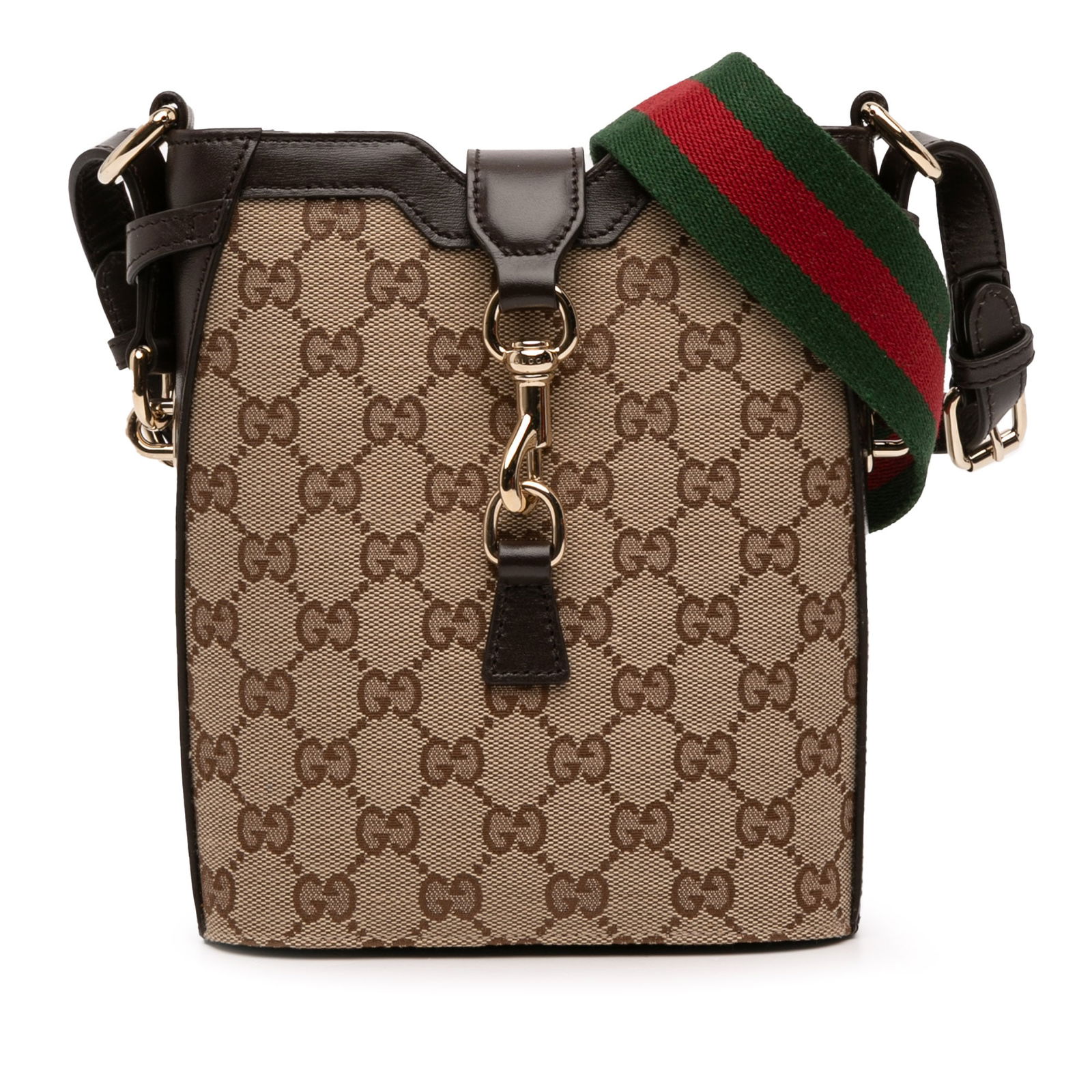 Mini GG Canvas Web Brown Bucket Bag by Gucci: Mini GG Canvas Web Brown Bucket Bag by Gucci This Gucci Mini GG Canvas Web Bucket Bag features a canvas body with leather trim, a flat canvas web strap, a top strap with hook closure, and interior car