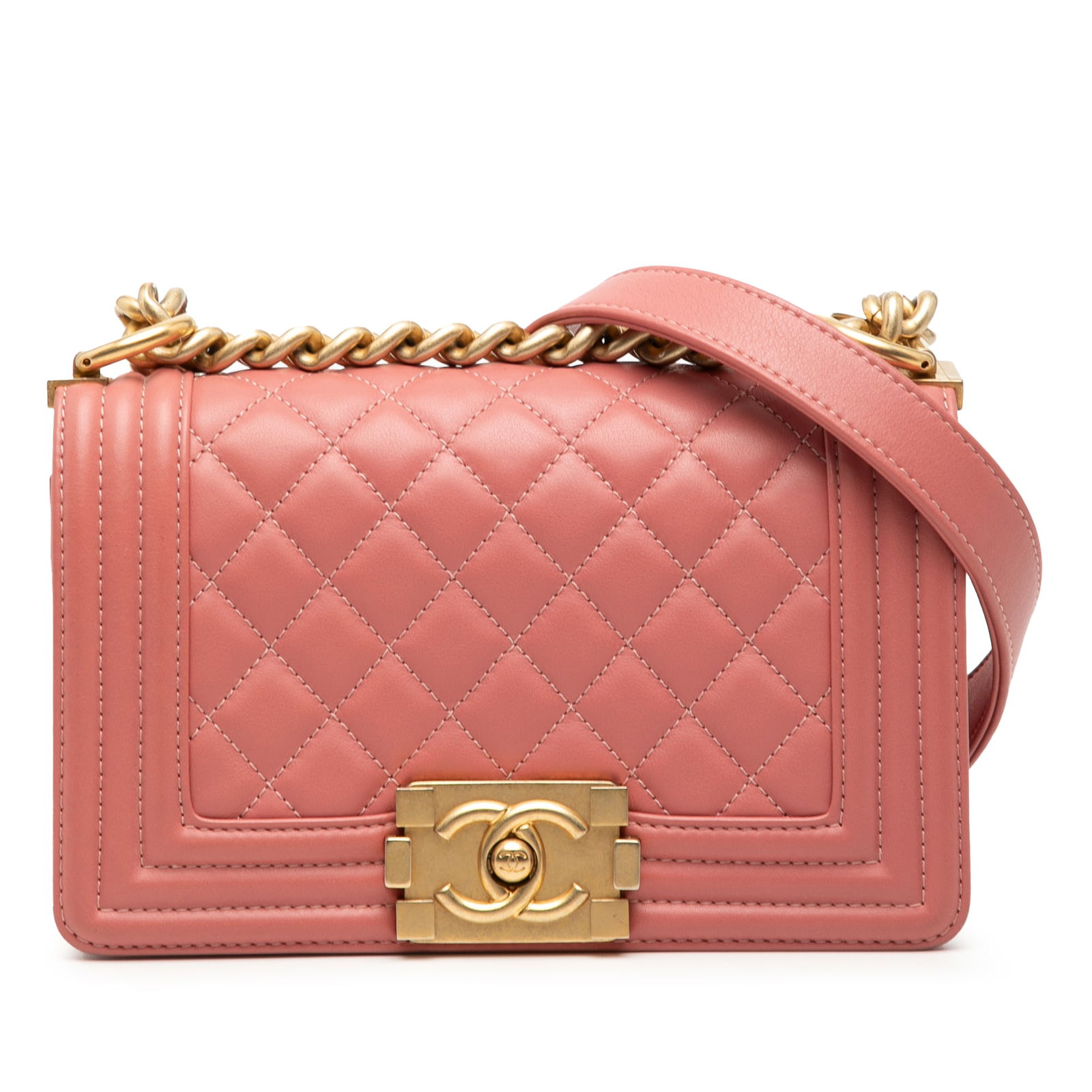 Pink Chanel Boy Small Quilted Lambskin Shoulder Bag with Chain Strap: Pink Chanel Boy Small Quilted Lambskin Shoulder Bag with Chain Strap This Chanel Small Quilted Lambskin Boy Flap features a pink quilted lambskin leather body, a curb chain strap, a front flap with a