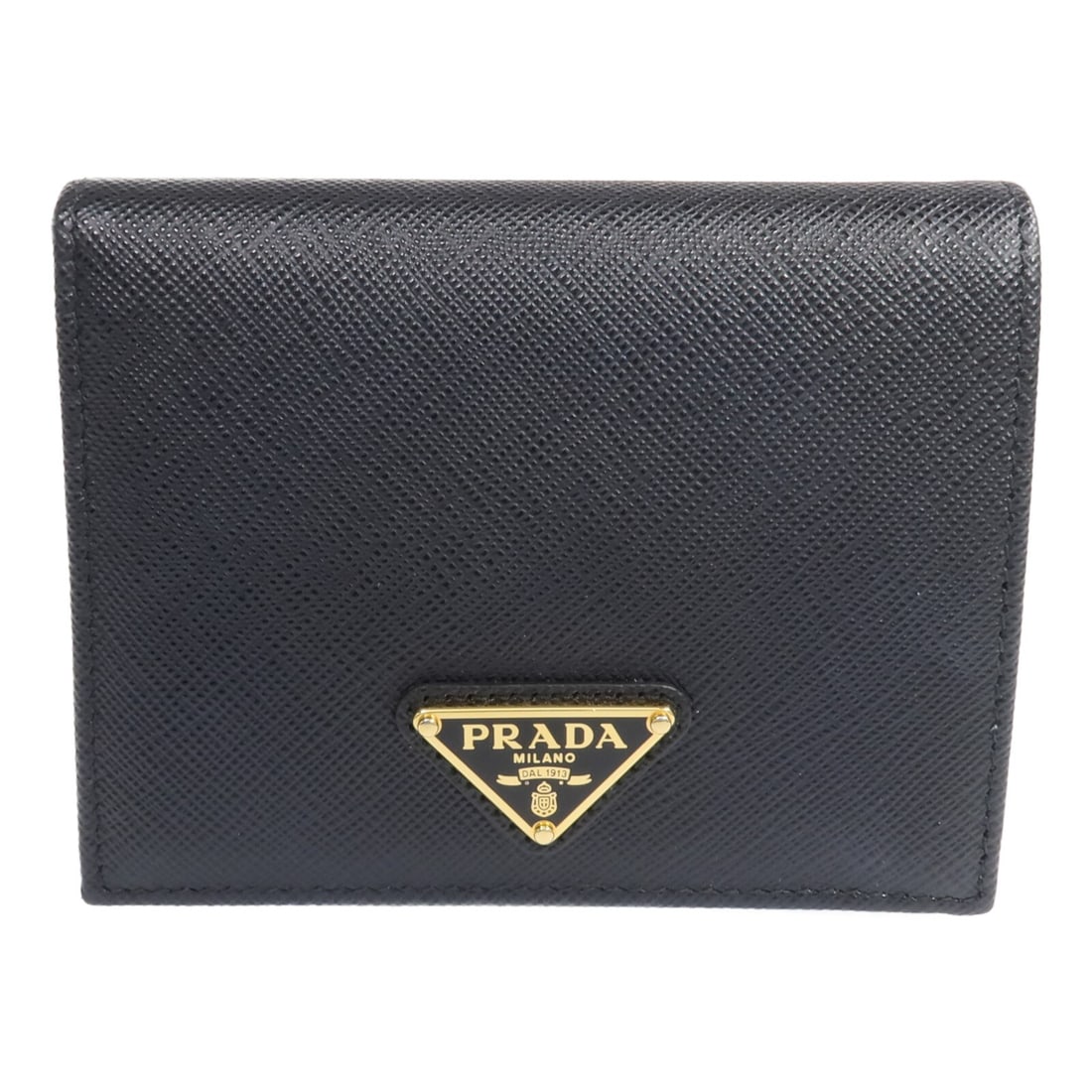 Black Saffiano Leather Bi-Fold Wallet by Prada with Gold Hardware: Black Saffiano Leather Bi-Fold Wallet by Prada with Gold Hardware This PRADA bi-fold wallet is crafted from durable black Saffiano leather and features gold-tone hardware. Made in Italy, it offers a s