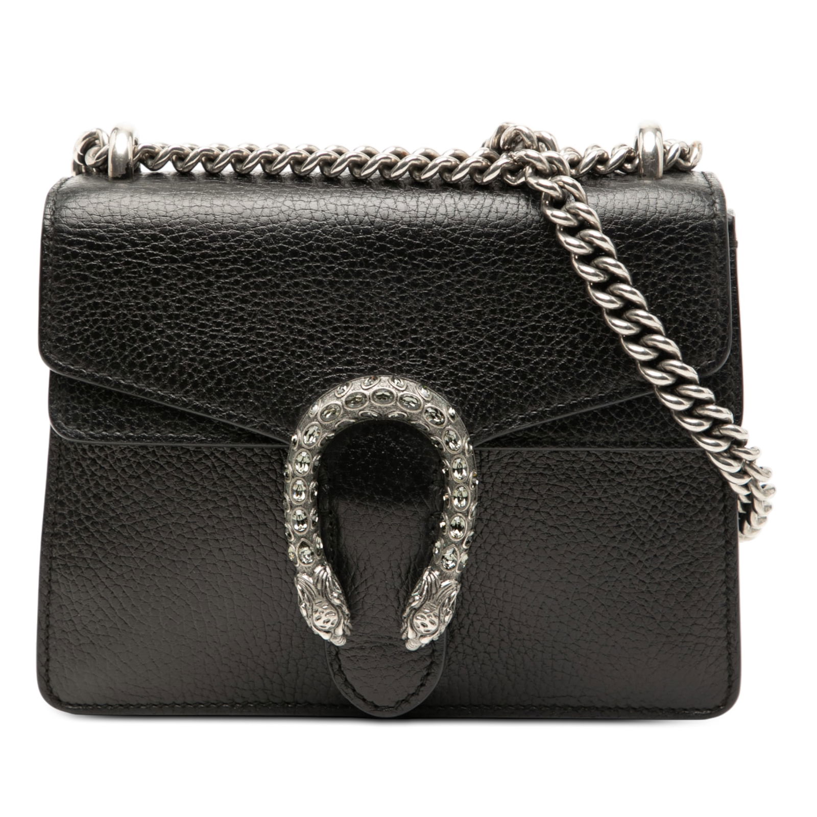 Gucci Dionysus Black Leather Crossbody Bag with Silver Chain Strap: Gucci Dionysus Black Leather Crossbody Bag with Silver Chain Strap This Gucci Small Leather Dionysus Crossbody features a black leather body with a silver-toned chain link strap and a front flap secur