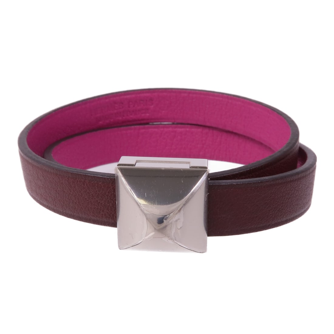 HERMES Medor Infini Double Tour Bracelet Swift Leather Bordeaux: HERMES Medor Infini Double Tour Bracelet Swift Leather Bordeaux This stunning HERMES Medor Infini Double Tour Bracelet is crafted from exquisite calfskin leather in a rich Bordeaux Rose Pourpre hue. T