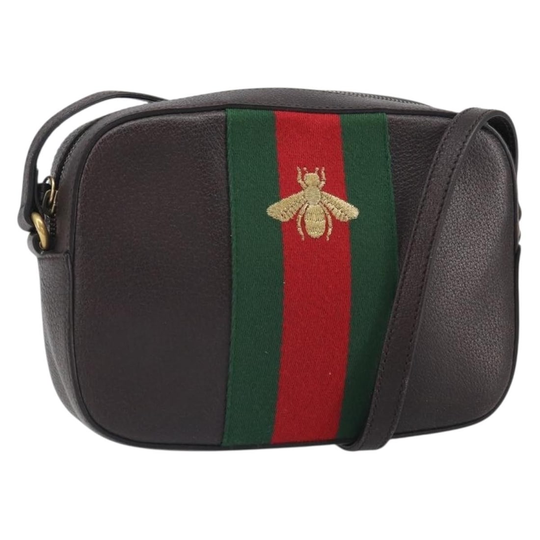 Gucci Bee Web Sherry Line Dark Brown Leather Shoulder Bag with Dust Bag: Gucci Bee Web Sherry Line Dark Brown Leather Shoulder Bag with Dust Bag This GUCCI Web Sherry Line Bee shoulder bag is crafted from dark brown leather with gold and red accents. The bag features a str
