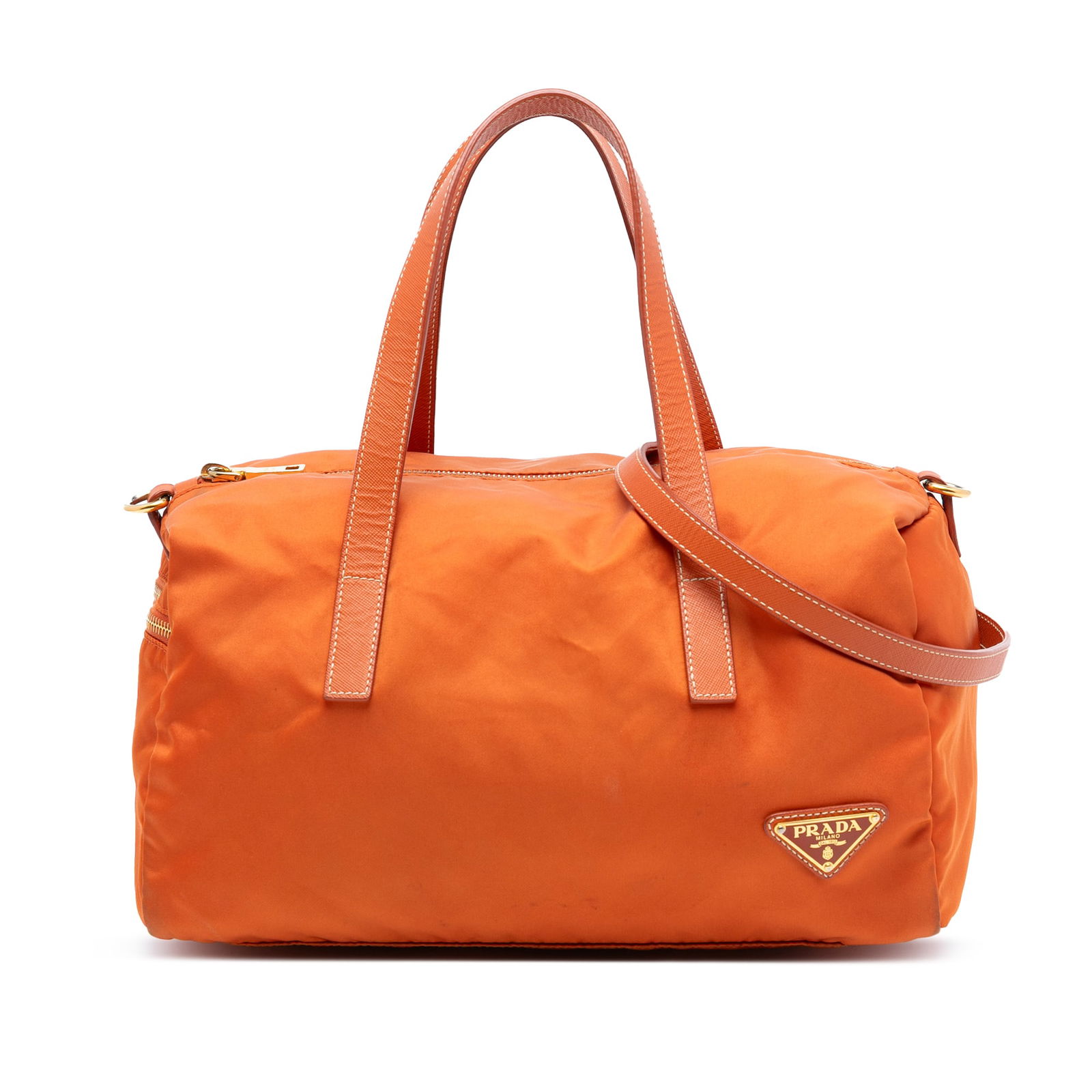 Prada Tessuto Boston Orange Nylon Satchel with Saffiano Leather Handles: Prada Tessuto Boston Orange Nylon Satchel with Saffiano Leather Handles This Prada Tessuto Boston Bag features a durable orange nylon body complemented by flat saffiano leather handles and adjustable,