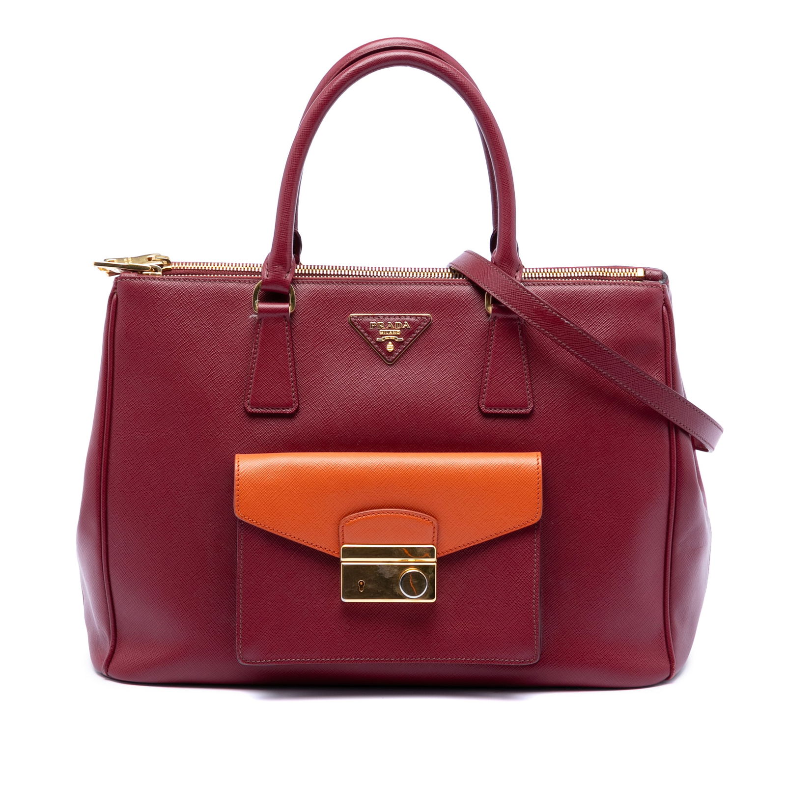 Prada Saffiano Lux Galleria Red Leather Satchel with Double Zip and Front Pocket: Prada Saffiano Lux Galleria Red Leather Satchel with Double Zip and Front Pocket This Prada Saffiano Lux Galleria Double Zip Front Pocket Satchel features a saffiano leather body in red, rolled leathe