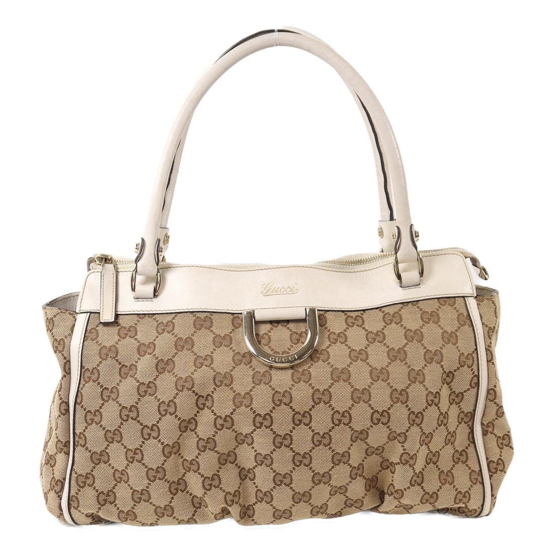 White and Brown GG Canvas Gucci Shoulder Bag with Gold Tone Hardware: White and Brown GG Canvas Gucci Shoulder Bag with Gold Tone Hardware This Gucci GG shoulder bag features the signature GG canvas in white and brown, complemented by gold tone hardware. Designed as a r