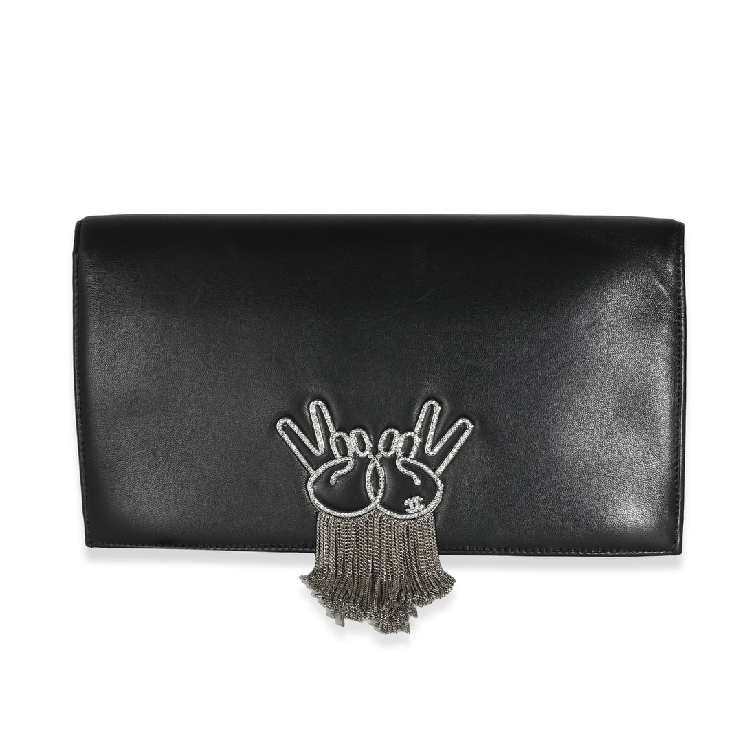 Chanel Black Lambskin Emoji Fold Over Clutch with Crystal Peace Sign: Chanel Black Lambskin Emoji Fold Over Clutch with Crystal Peace Sign This stylish Chanel Black Lambskin Crystal Peace Sign Emoji Fold Over Clutch is a chic accessory perfect for any occasion. Crafted