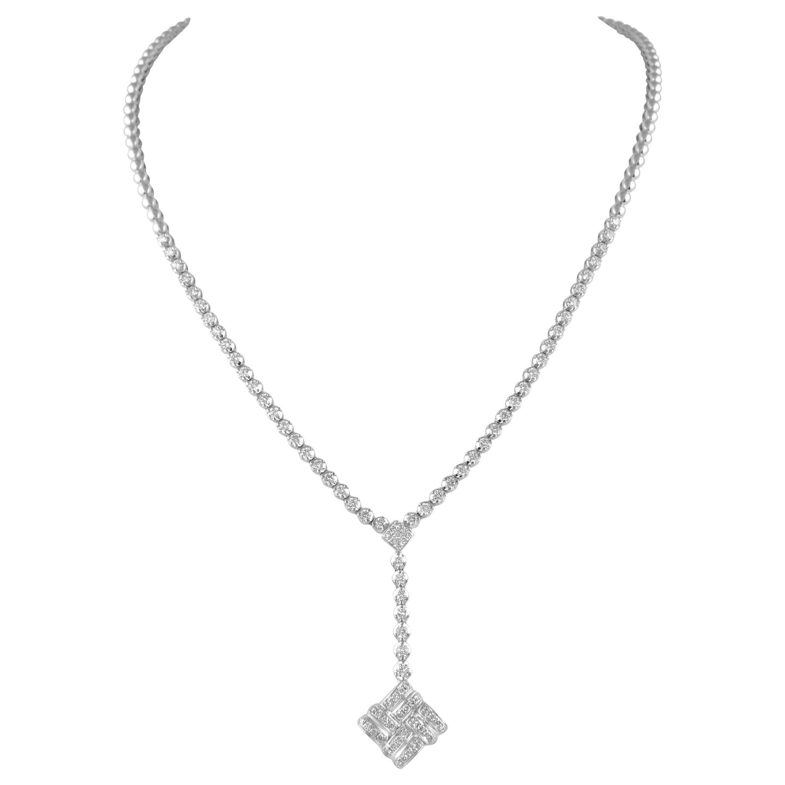 Stunning 2.77ct Diamond Drop Necklace in 14k White Gold: Stunning 2.77ct Diamond Drop Necklace in 14k White Gold This exquisite contemporary diamond drop necklace features a stunning total of 94 round brilliant diamonds weighing 2.77 carats. Set in luxuriou