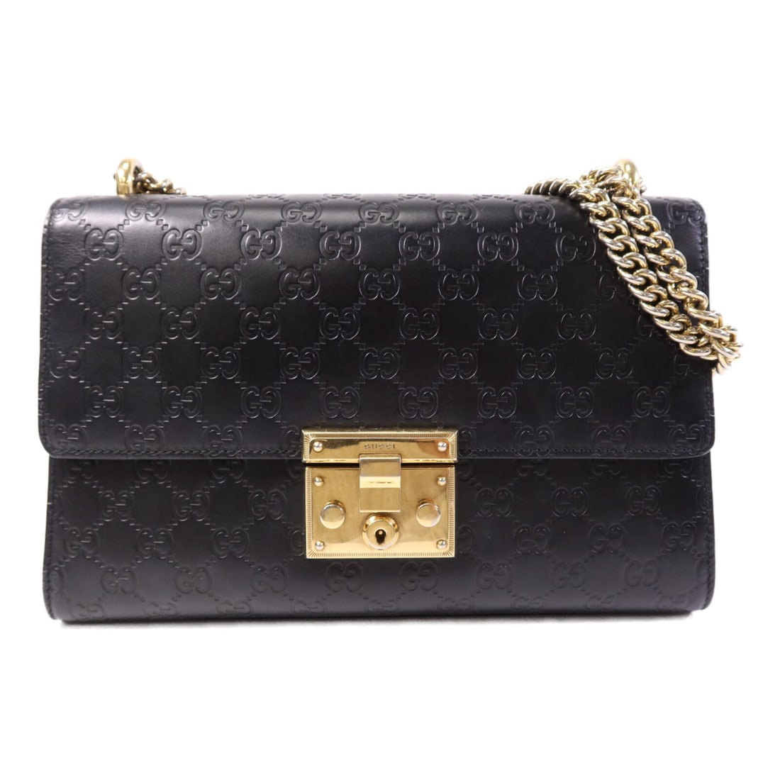 Black Calfskin Medium GG Padlock Shoulder Bag by Gucci with Gold Hardware: Black Calfskin Medium GG Padlock Shoulder Bag by Gucci with Gold Hardware This Gucci GG Padlock Medium Shoulder Bag is crafted from black calfskin leather and features gold-tone hardware. Designed in