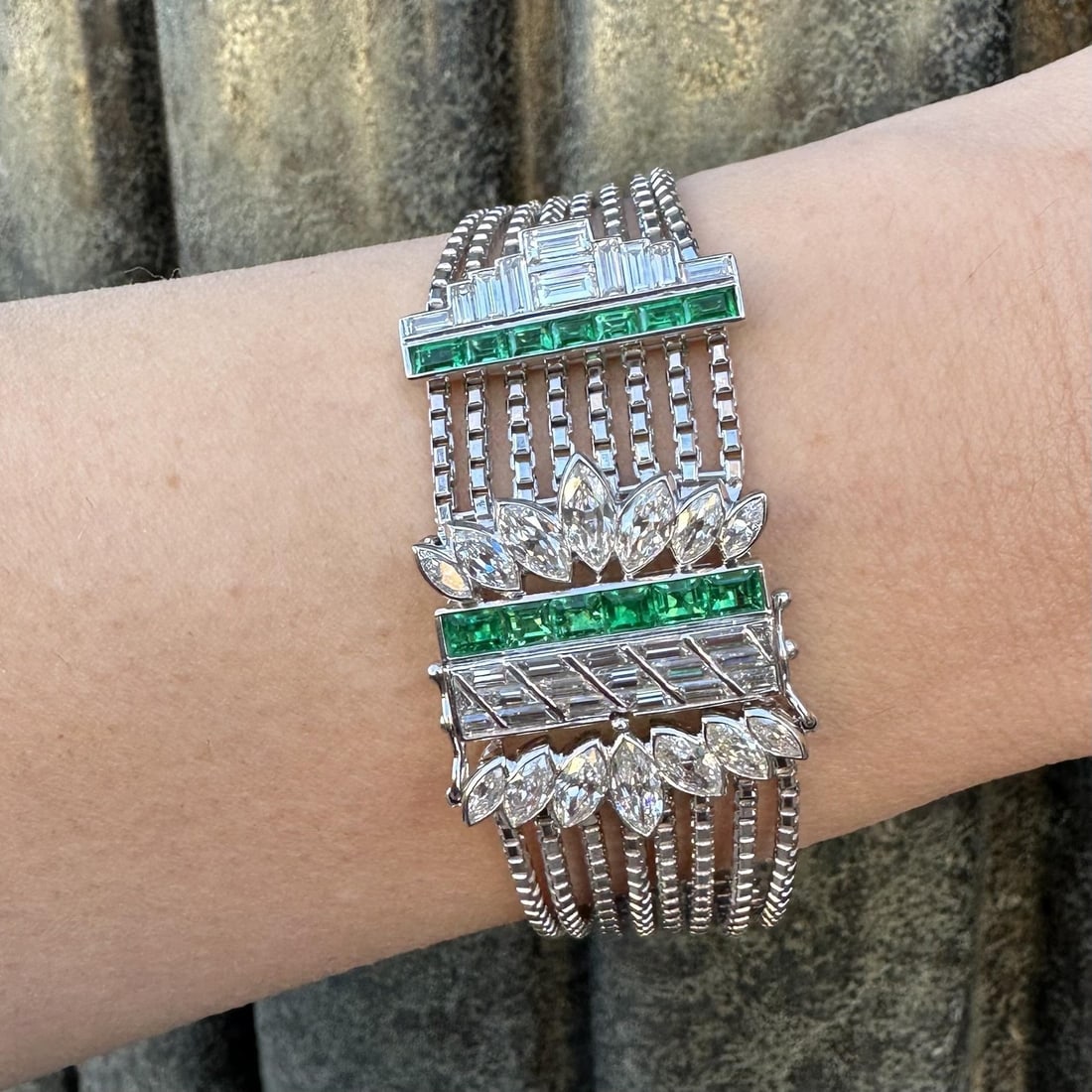 Eight Strand Box Chain Bracelet with Emeralds and Diamonds in White Gold and Platinum: Eight Strand Box Chain Bracelet with Emeralds and Diamonds in White Gold and Platinum This vintage bracelet features an elegant eight-strand box chain design crafted from solid 14k white gold with pla