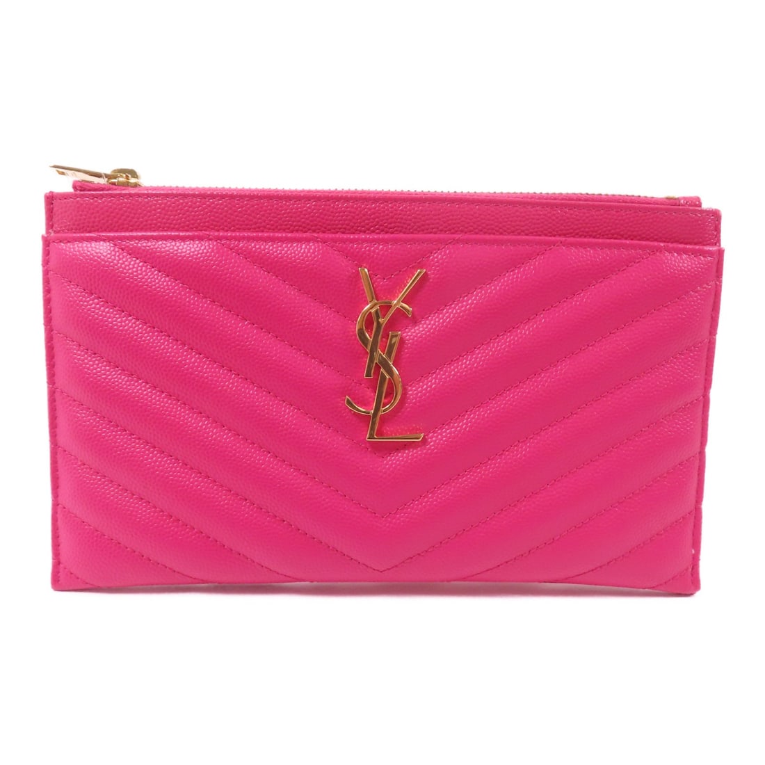 Pink Calfskin Leather Clutch Bag by Saint Laurent YSL 504922: Pink Calfskin Leather Clutch Bag by Saint Laurent YSL 504922 This Saint Laurent pouch clutch is crafted from calfskin leather in a pink hue. It features a sleek silhouette, making it an elegant access