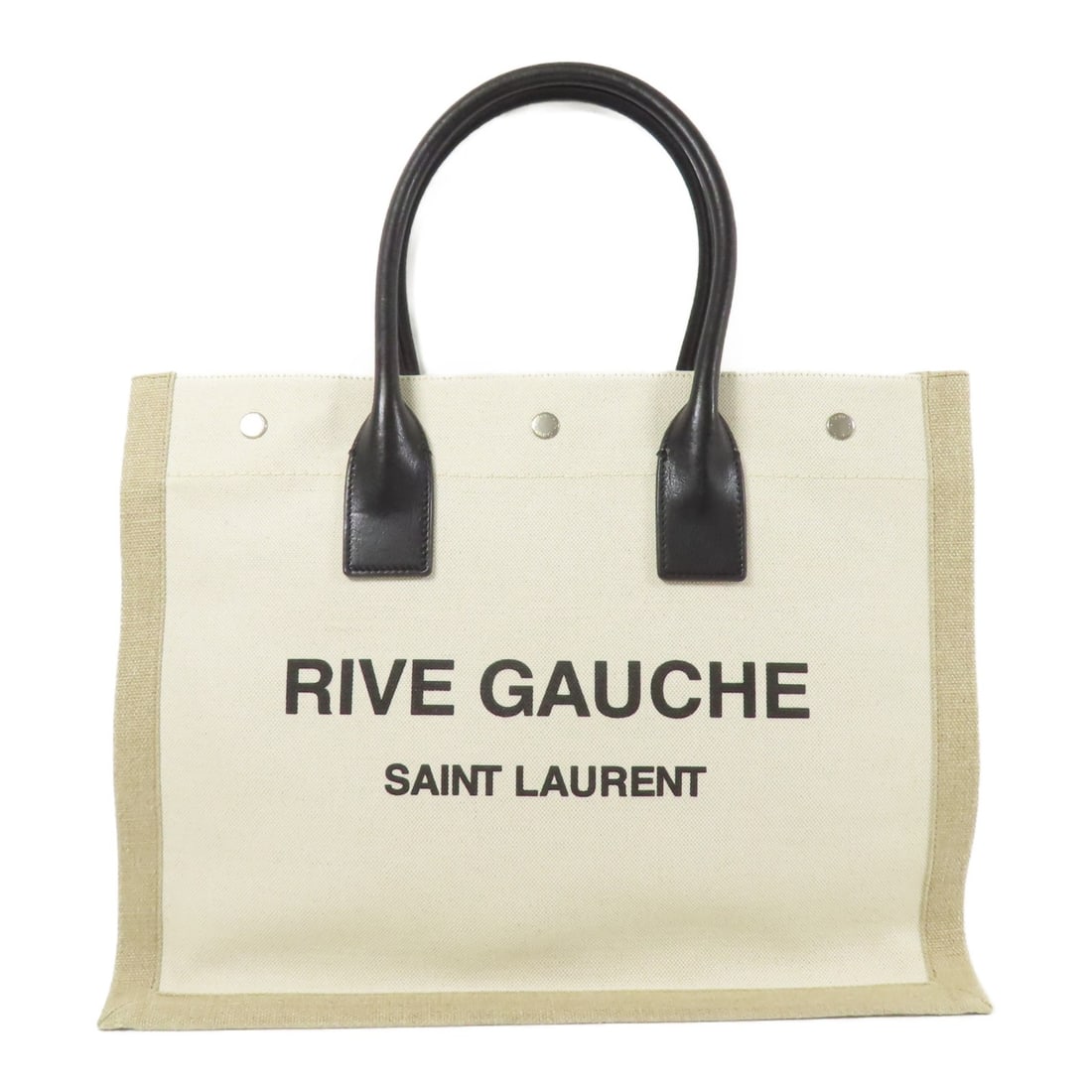SAINT LAURENT Rive Gauche Beige Canvas Tote Handbag: SAINT LAURENT Rive Gauche Beige Canvas Tote Handbag Elevate your style with the SAINT LAURENT Rive Gauche Tote Handbag, crafted from durable canvas in a sophisticated beige hue. This tote bag effortle