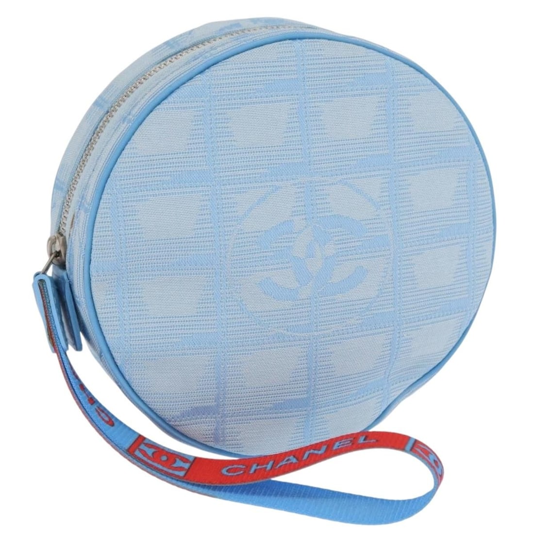 Blue Nylon Round Wristlet by Chanel Travel Line: Blue Nylon Round Wristlet by Chanel Travel Line This Chanel Travel Line Round Wristlet is crafted from durable blue nylon, designed for female use. The compact pouch measures 14cm by 14cm with a depth